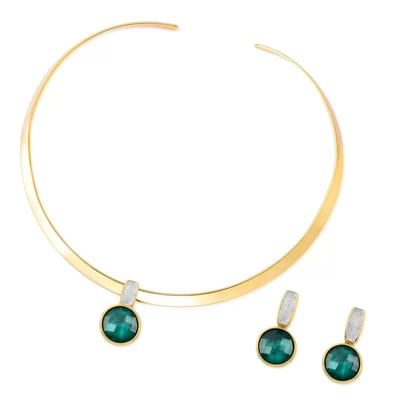 Rhodium-plated emerald and white gold-plated set