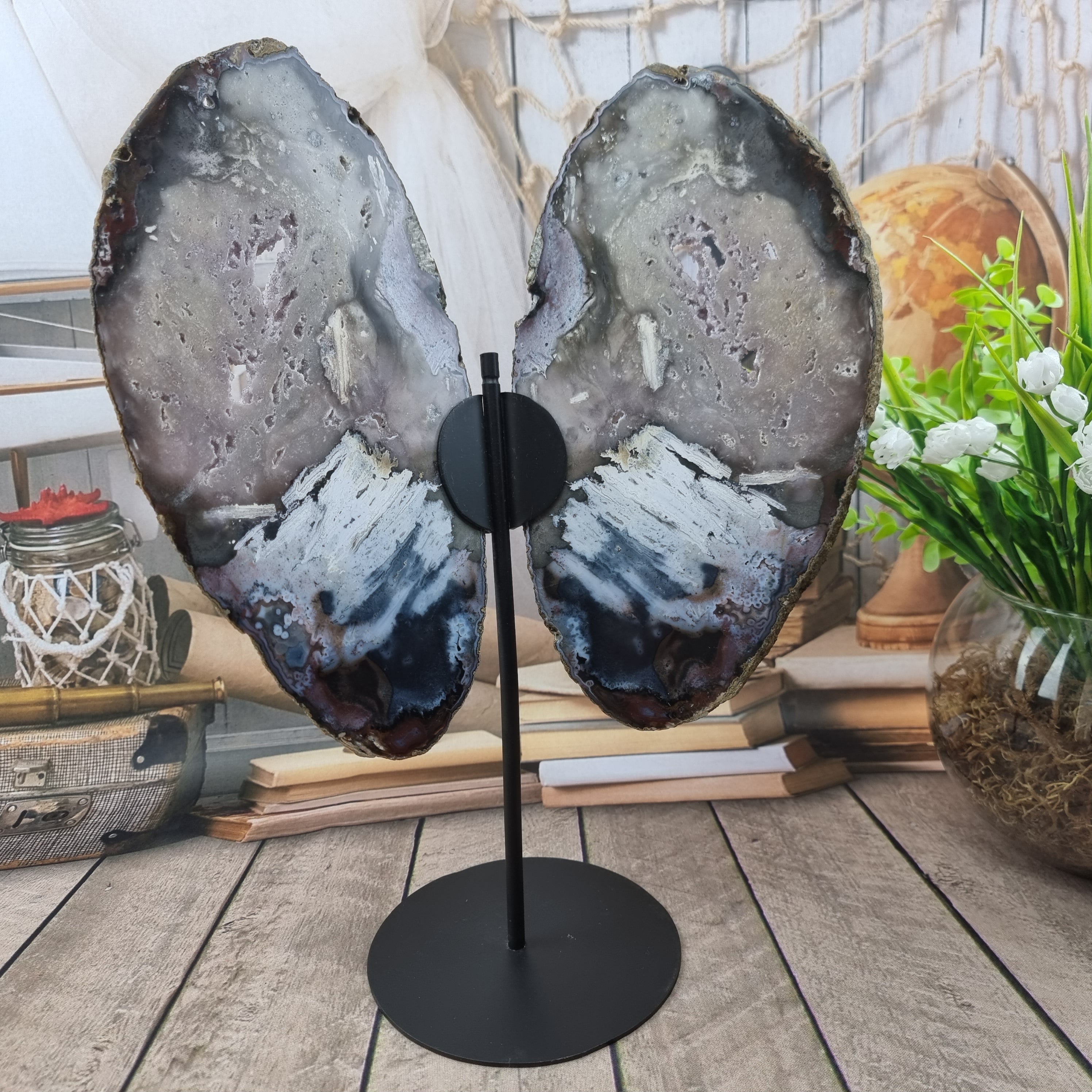 Special Natural Brazilian Agate "Butterfly Wings", Metal Stand, 15.7" Tall #by brcrystals