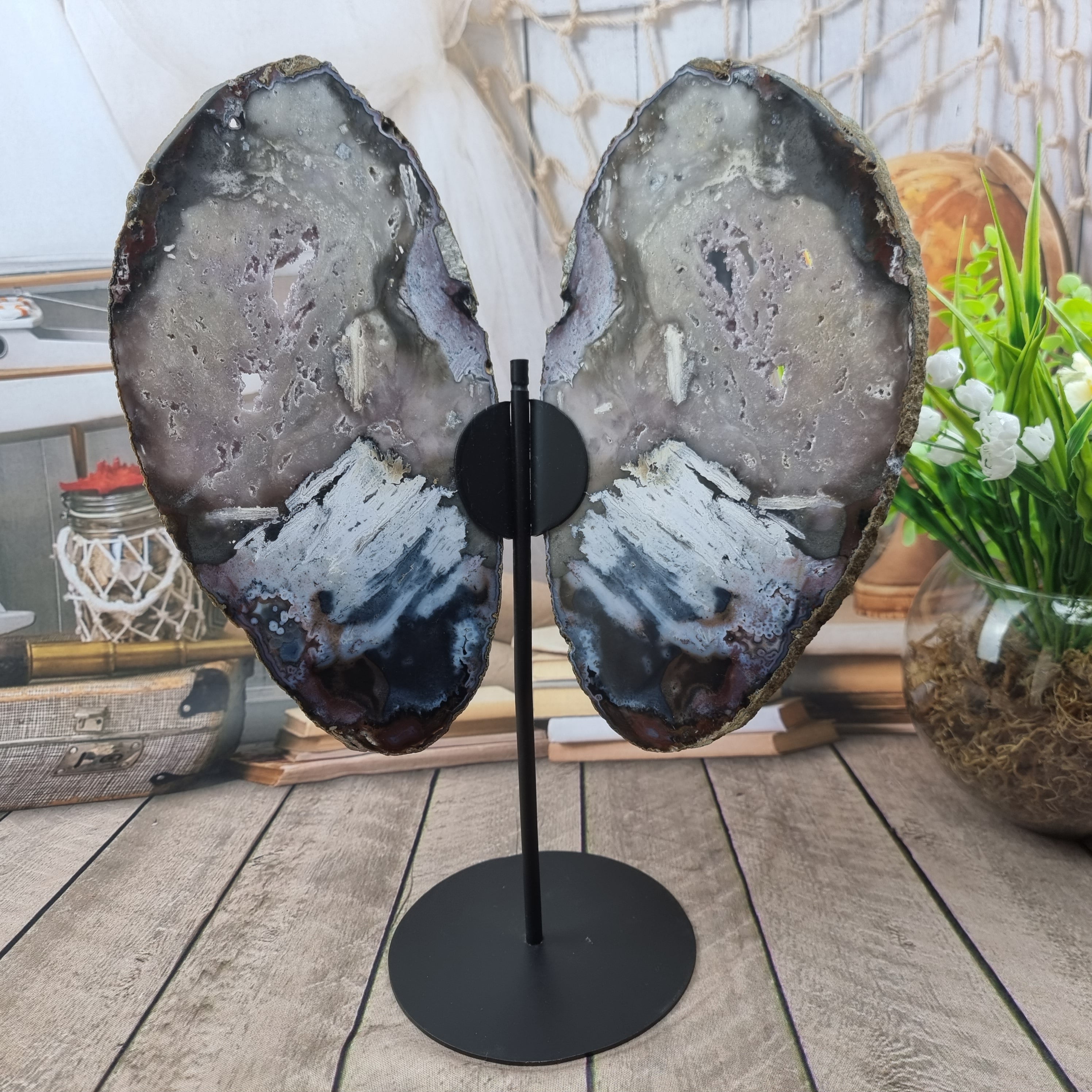 Special Natural Brazilian Agate "Butterfly Wings", Metal Stand, 15.7" Tall #by brcrystals