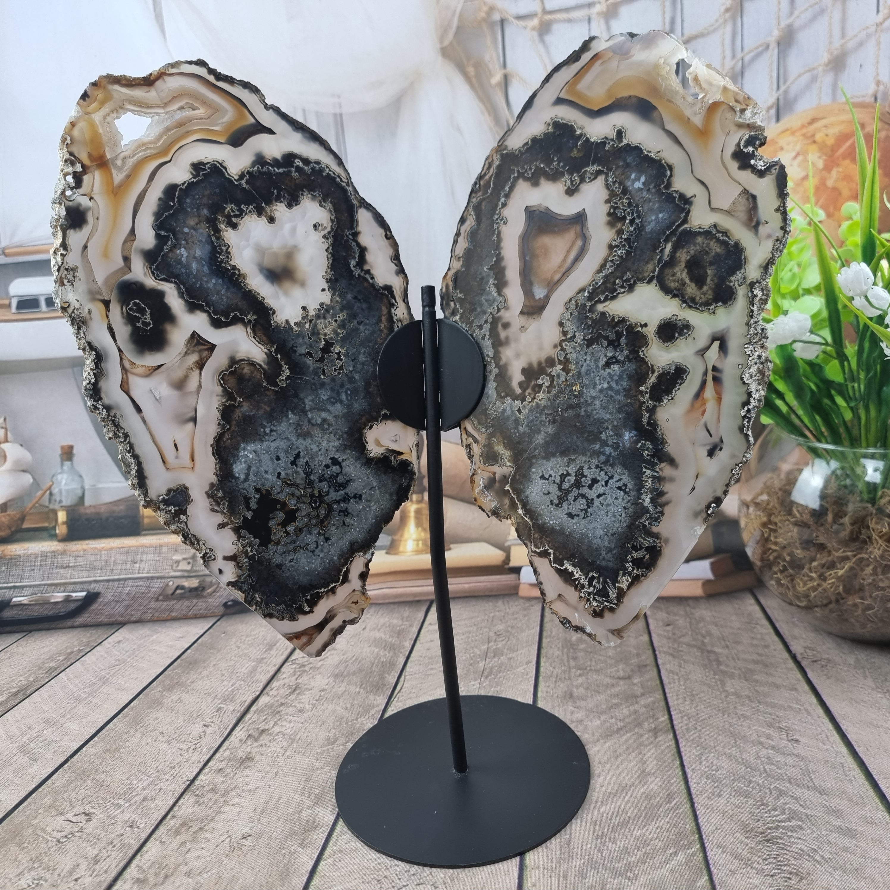 Special Natural Brazilian Agate "Butterfly Wings", Metal Stand, 15.7" Tall #by brcrystals