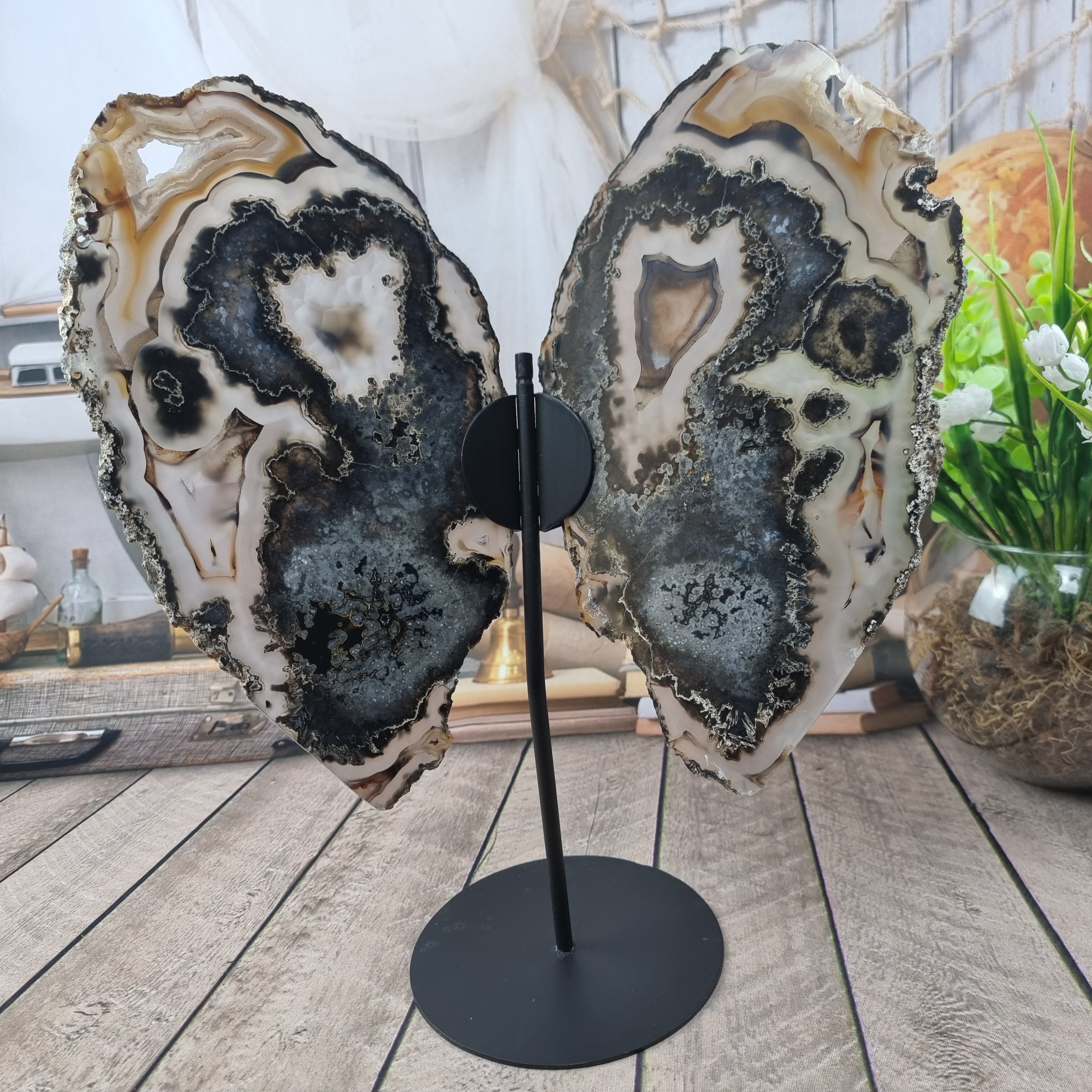 Special Natural Brazilian Agate "Butterfly Wings", Metal Stand, 15.7" Tall #by brcrystals