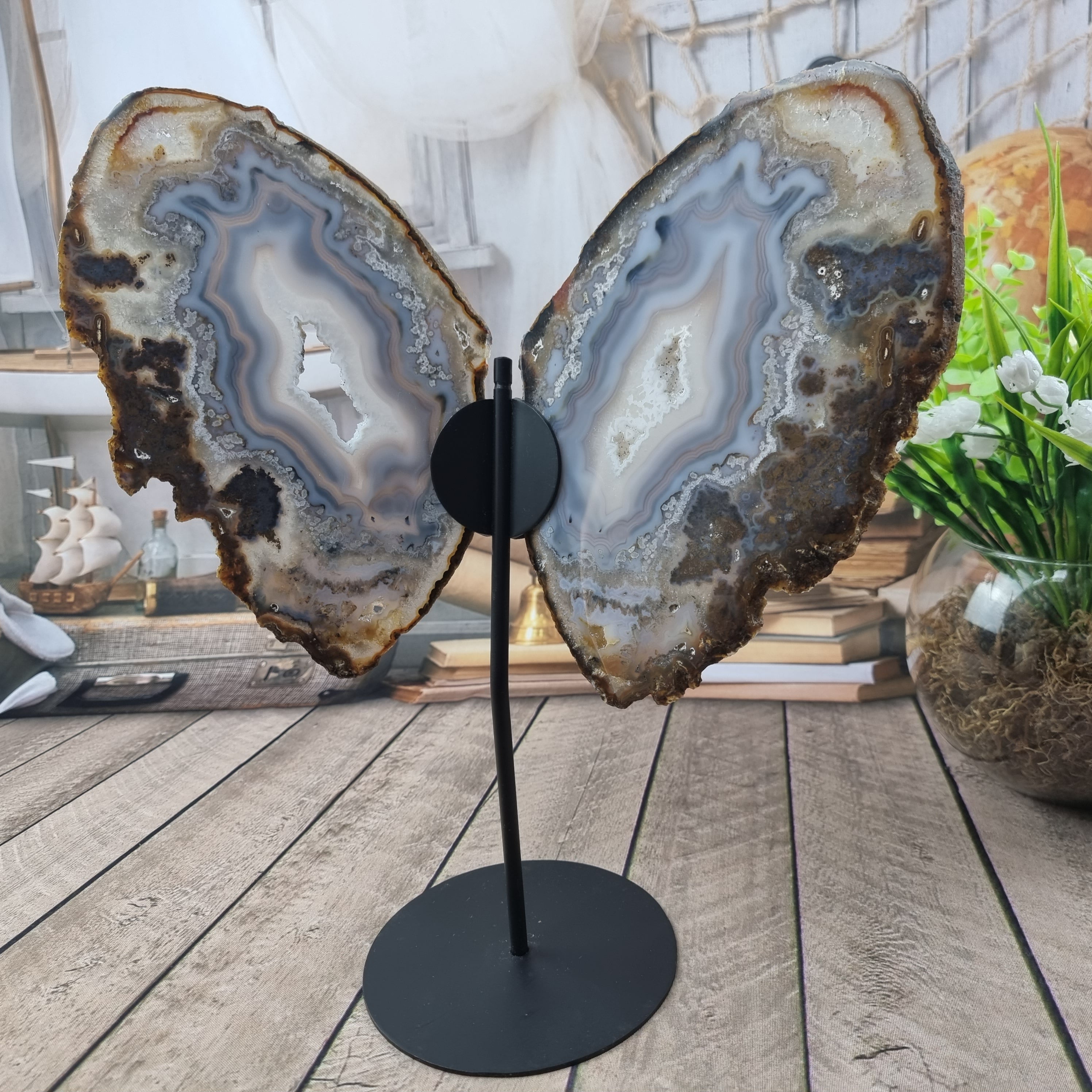 Special Natural Brazilian Agate "Butterfly Wings", Metal Stand, 15.7" Tall #by brcrystals