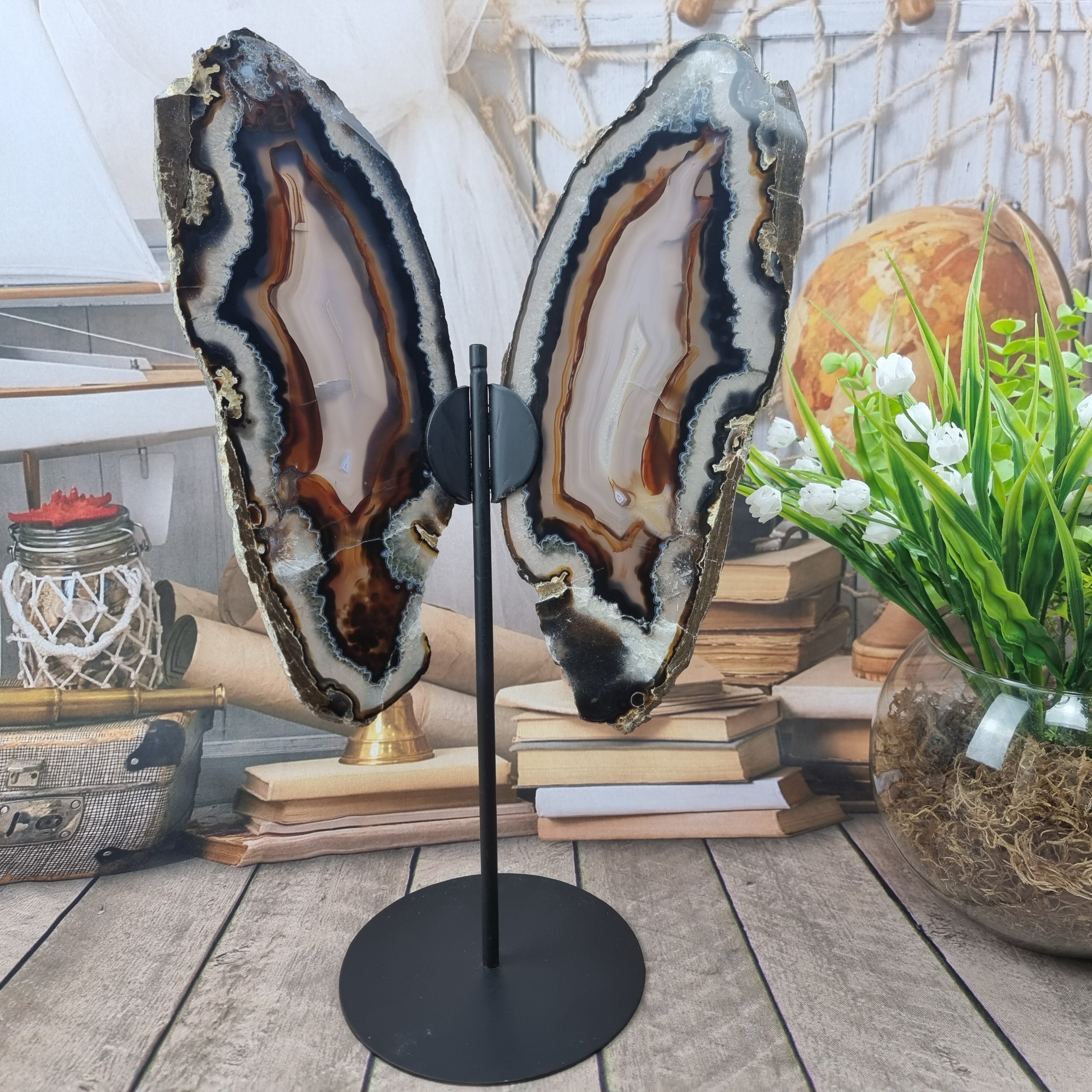 Special Natural Brazilian Agate "Butterfly Wings", Metal Stand, 15.7" Tall #by brcrystals