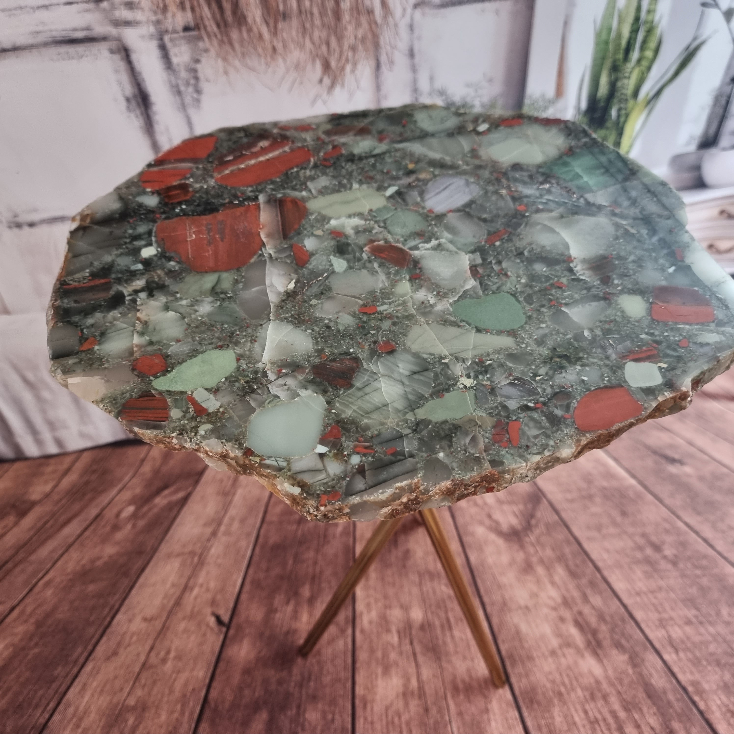 Bloodstone Crystal Side Table - Natural Bloodstone Jasper Side Table on Black Metal Base