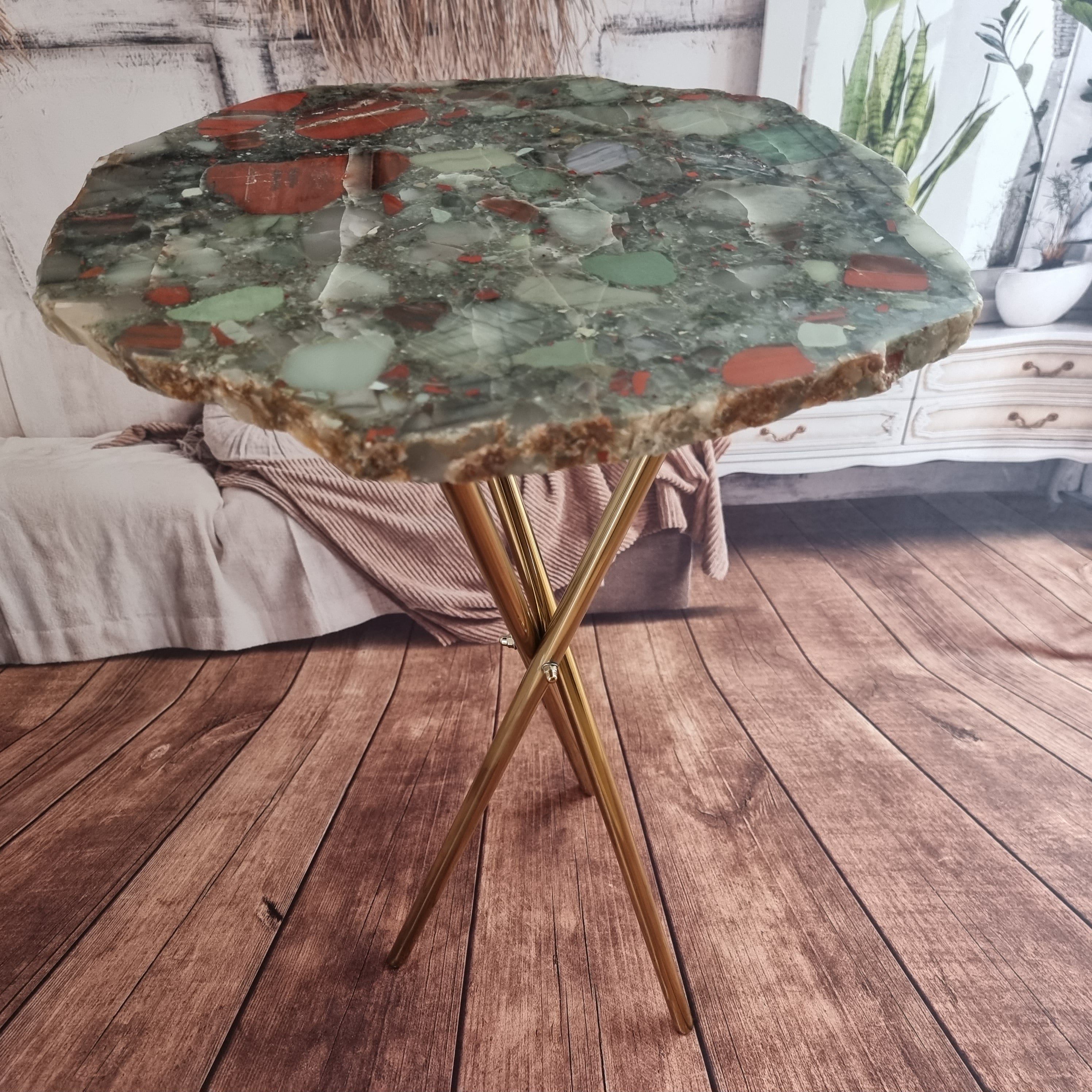 Bloodstone Crystal Side Table - Natural Bloodstone Jasper Side Table on Black Metal Base