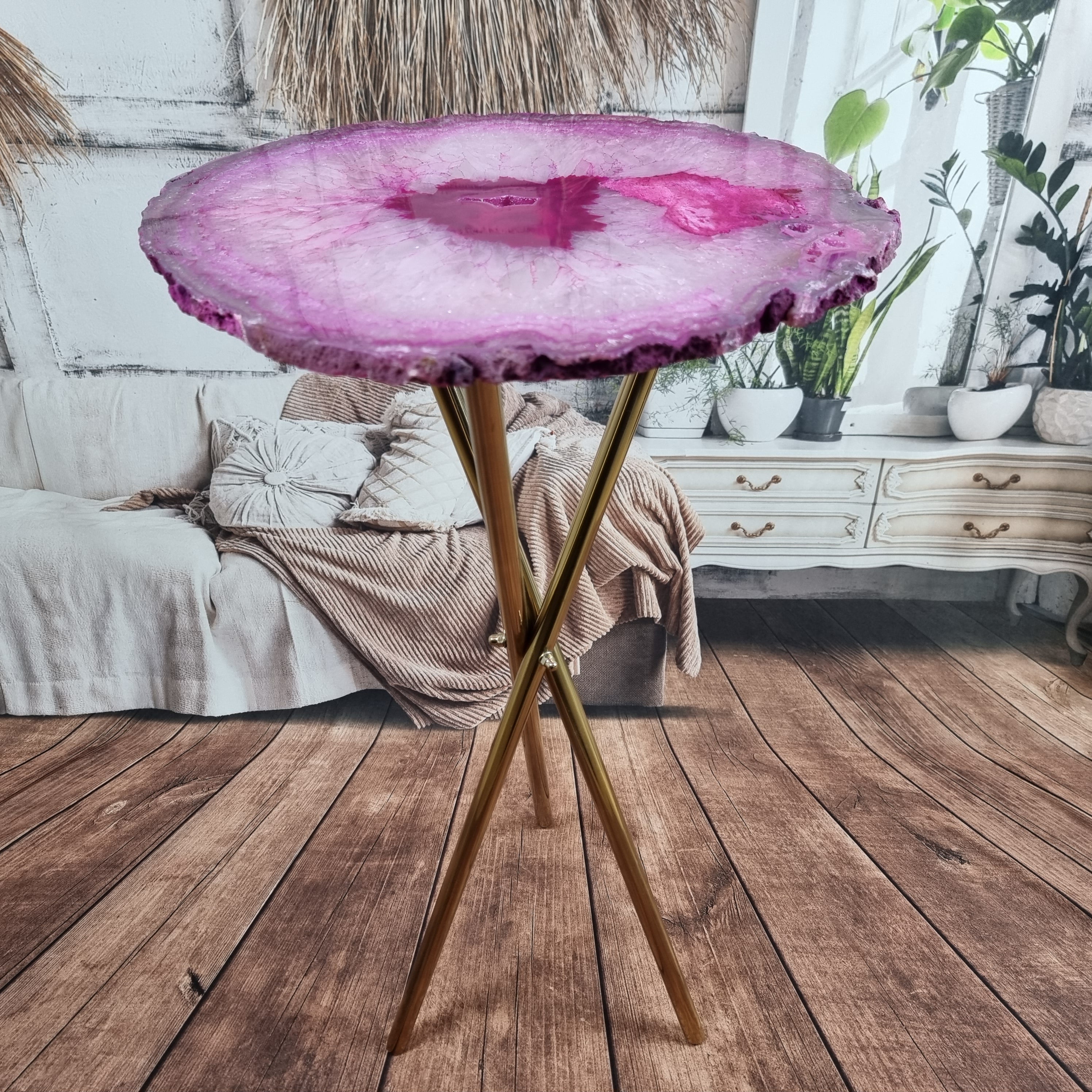 Side Table with THIN PINK Agate | Gold Brass Tripod Base | 60 cm Height - BR Crystals Handmade Piece