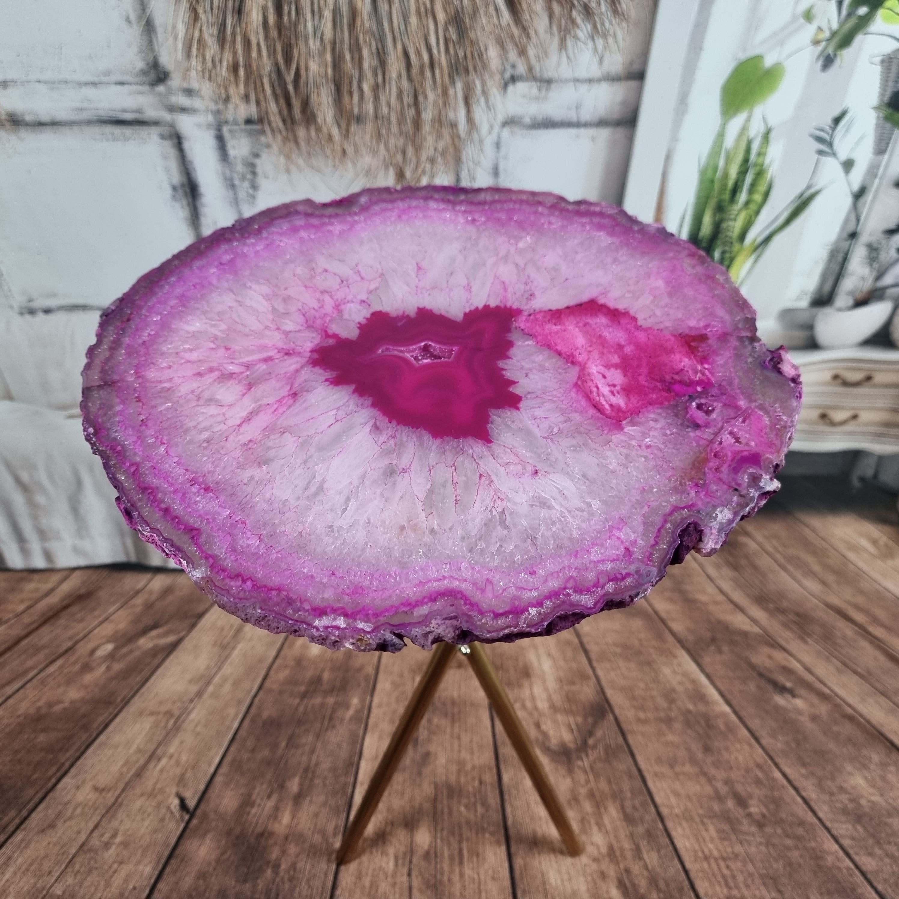 Side Table with THIN PINK Agate | Gold Brass Tripod Base | 60 cm Height - BR Crystals Handmade Piece