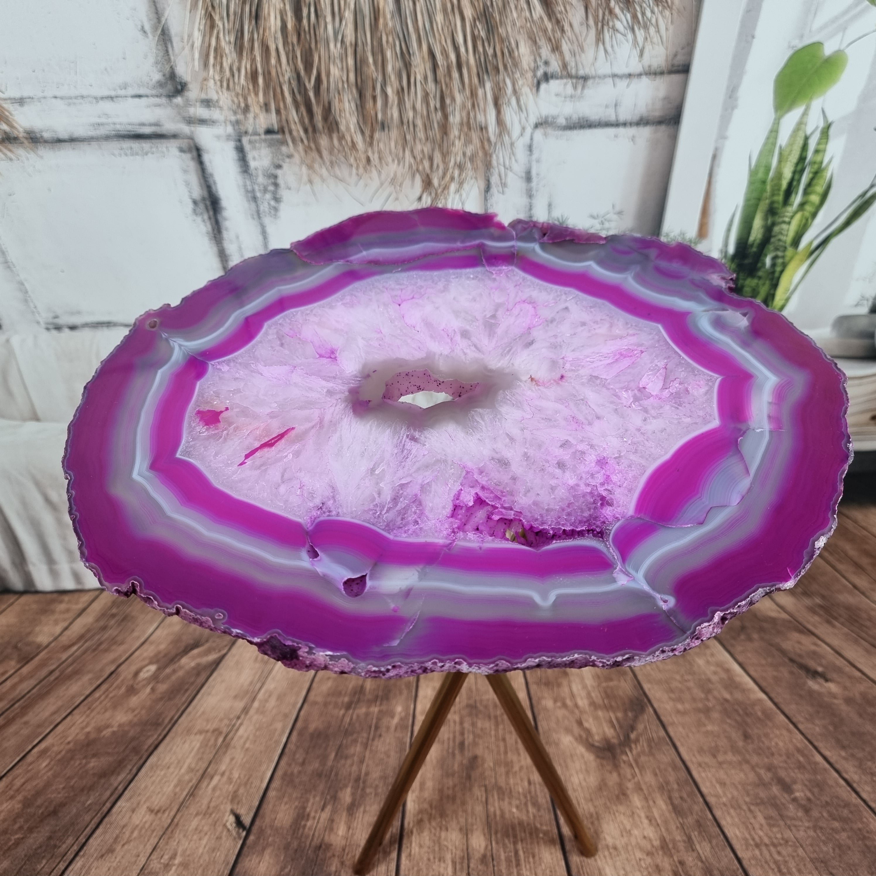 Side Table with THIN PINK Agate | Gold Brass Tripod Base | 60 cm Height - BR Crystals Handmade Piece