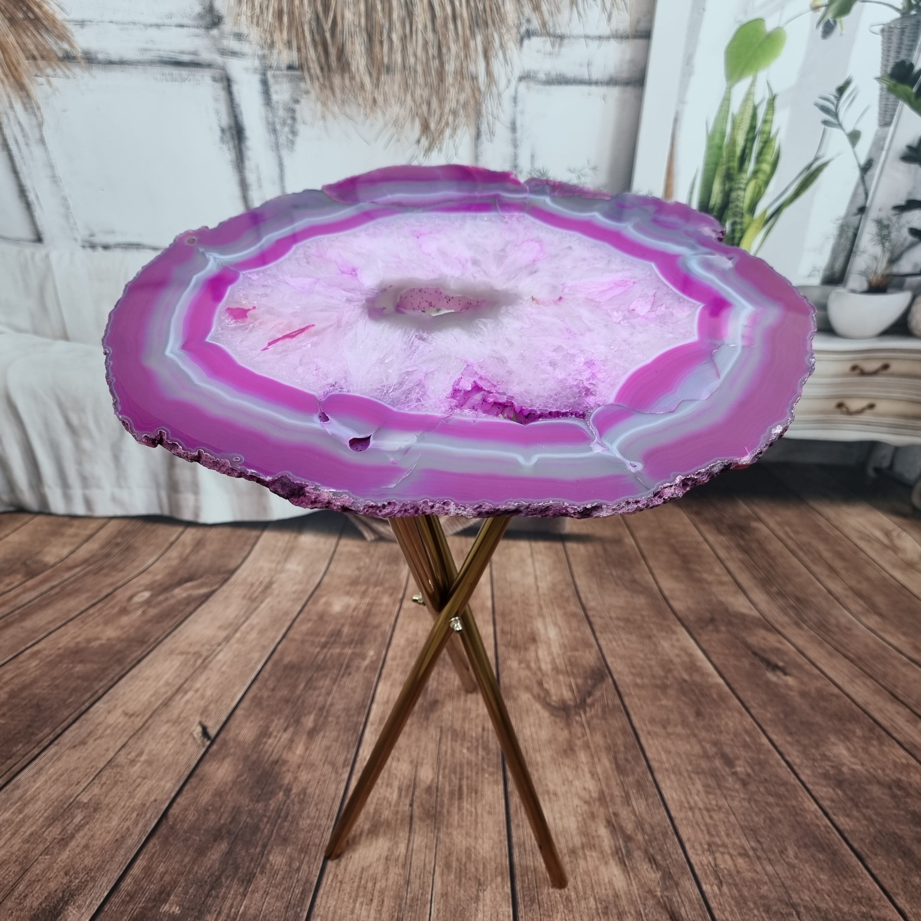 Side Table with THIN PINK Agate | Gold Brass Tripod Base | 60 cm Height - BR Crystals Handmade Piece