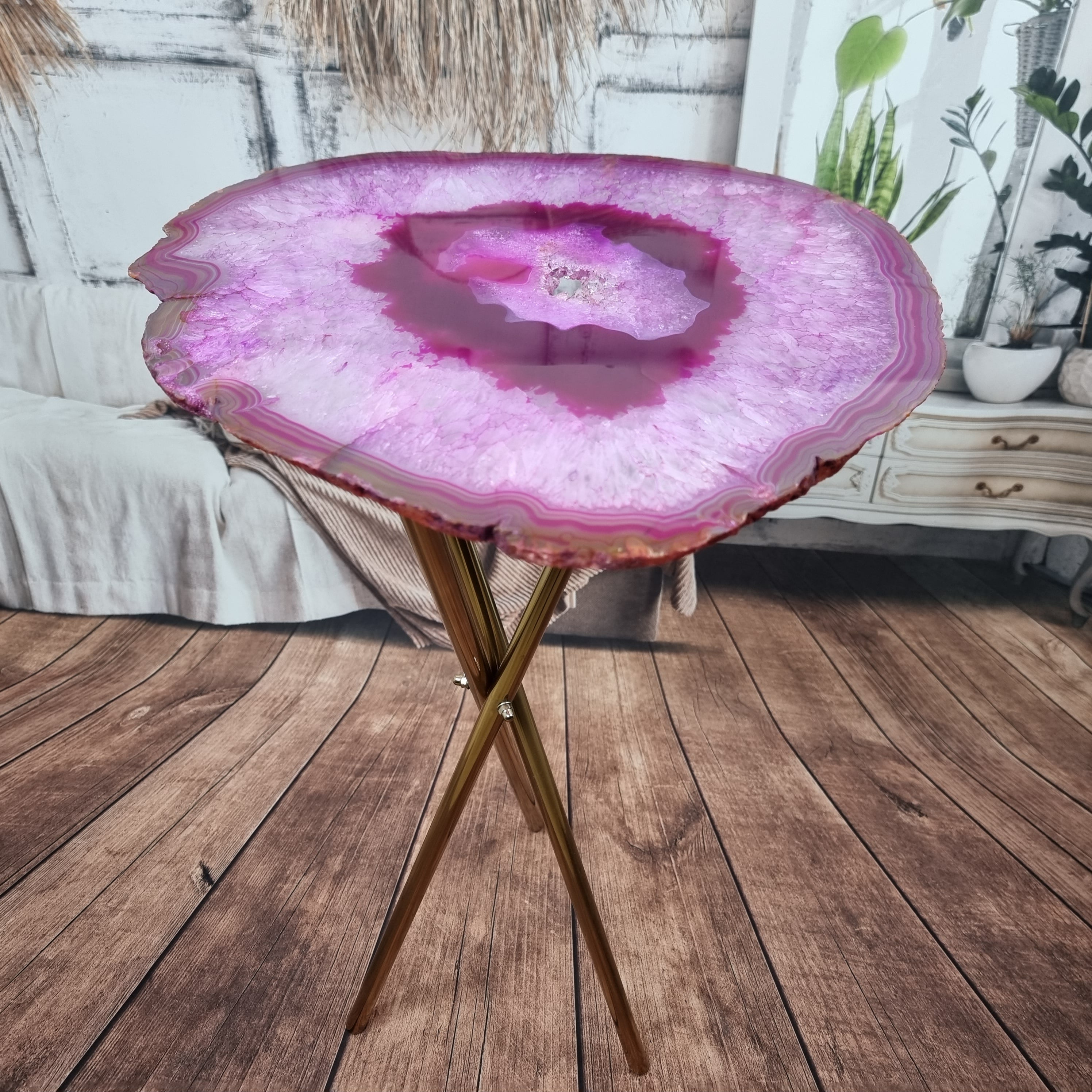 Side Table with THIN PINK Agate | Gold Brass Tripod Base | 60 cm Height - BR Crystals Handmade Piece