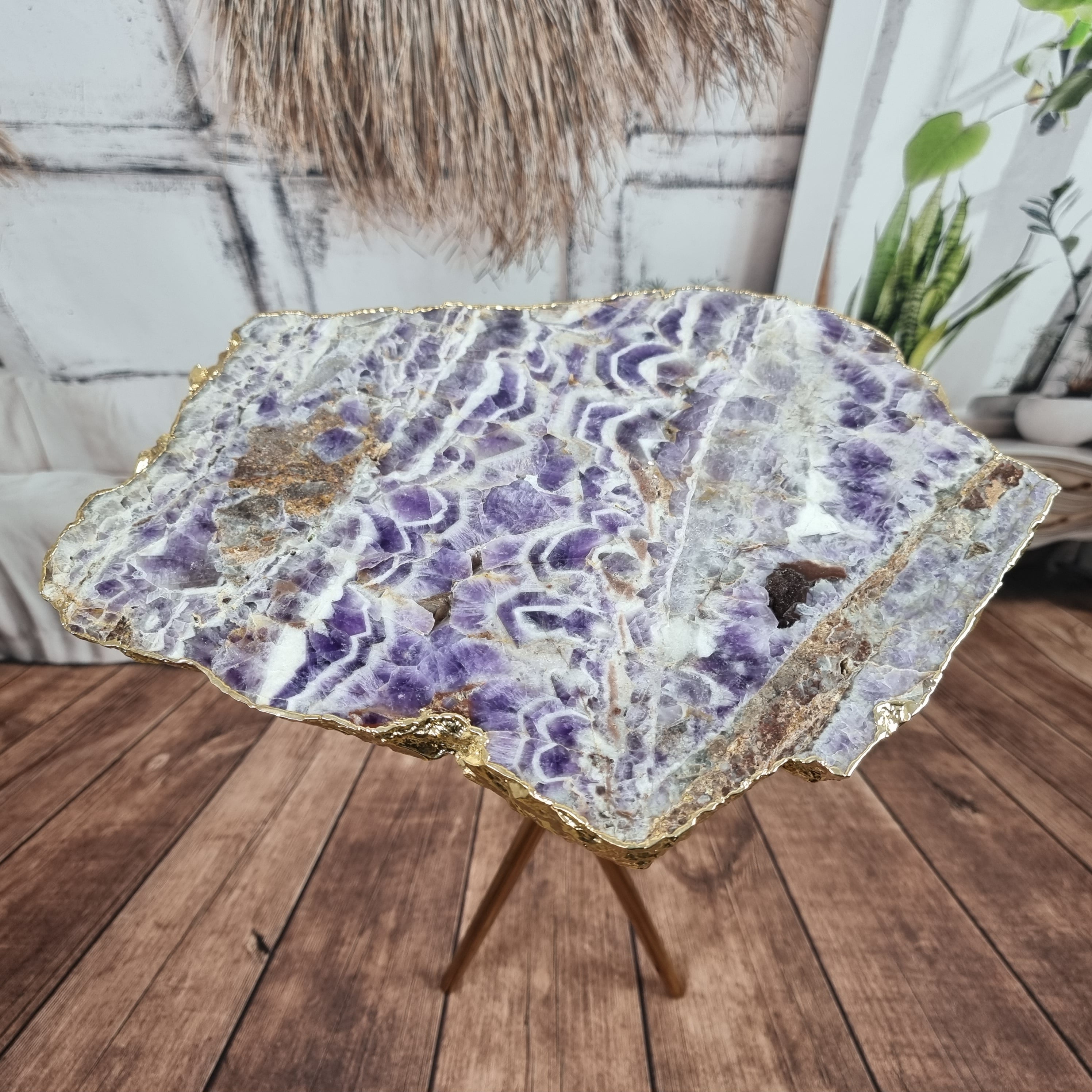 Chevron Amethyst Side Table with golden base 60 cm height, total weight 5 kg