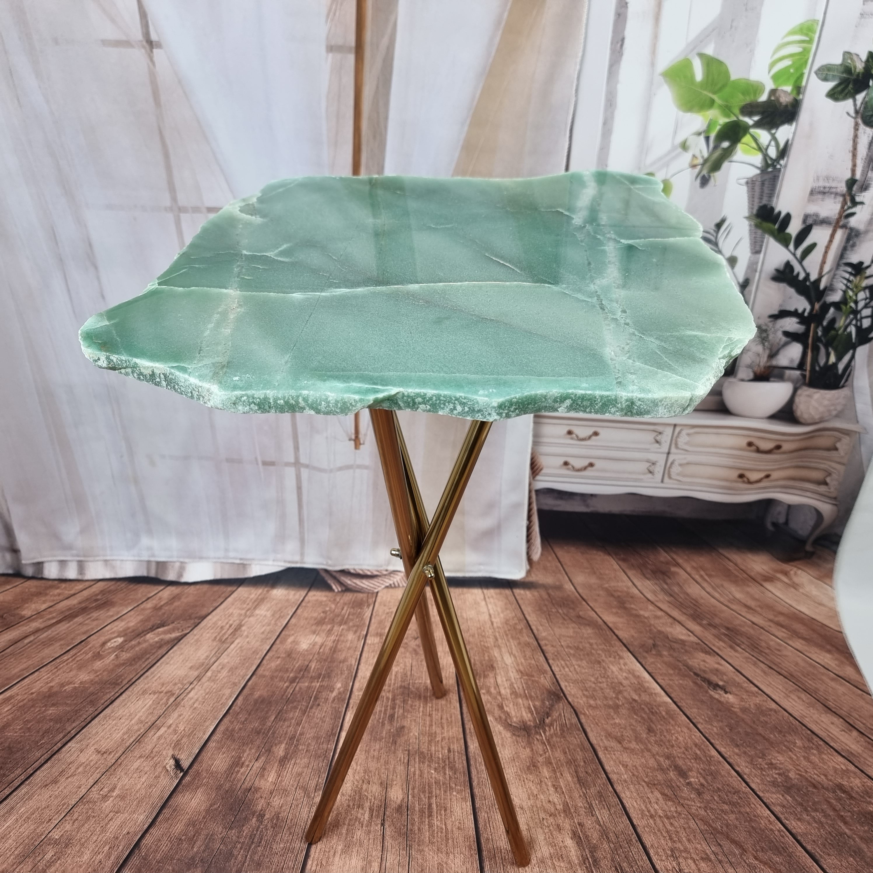 Green QUARTZ Side Table Without Plating | Gold Brass Tripod Base | 60 cm Height - Handmade Piece BR Crystals