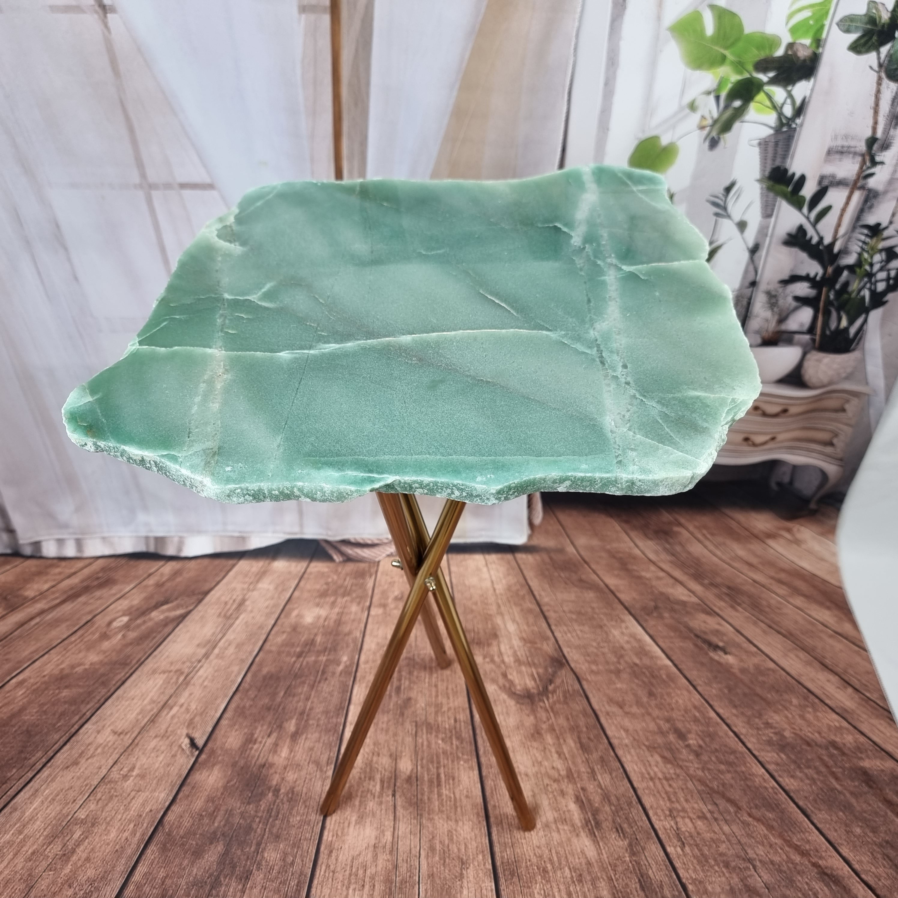 Green QUARTZ Side Table Without Plating | Gold Brass Tripod Base | 60 cm Height - Handmade Piece BR Crystals