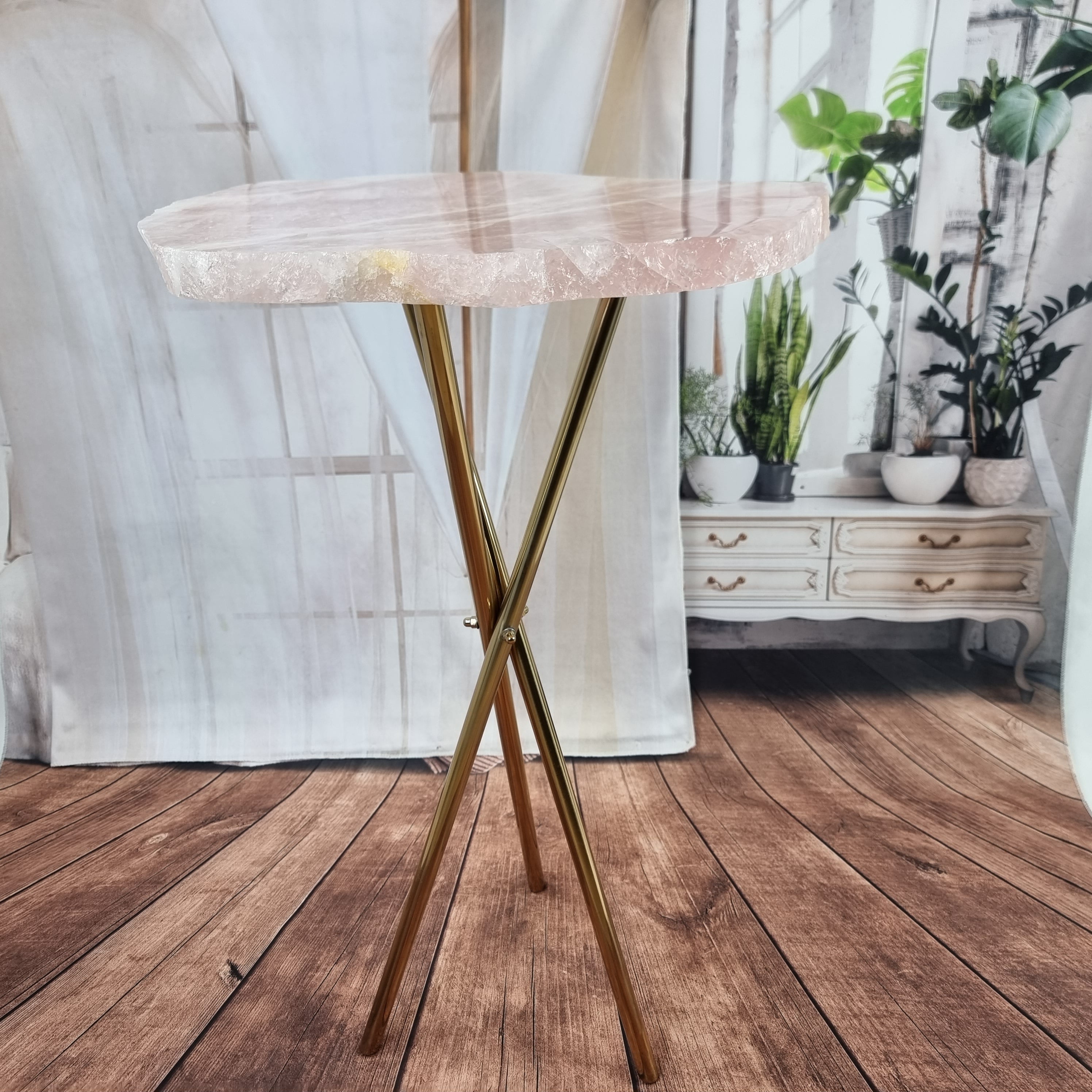 Rose Quartz Side Table (Untreated) | Black Tripod Base | 60 cm Height - BR Crystals Handmade Piece