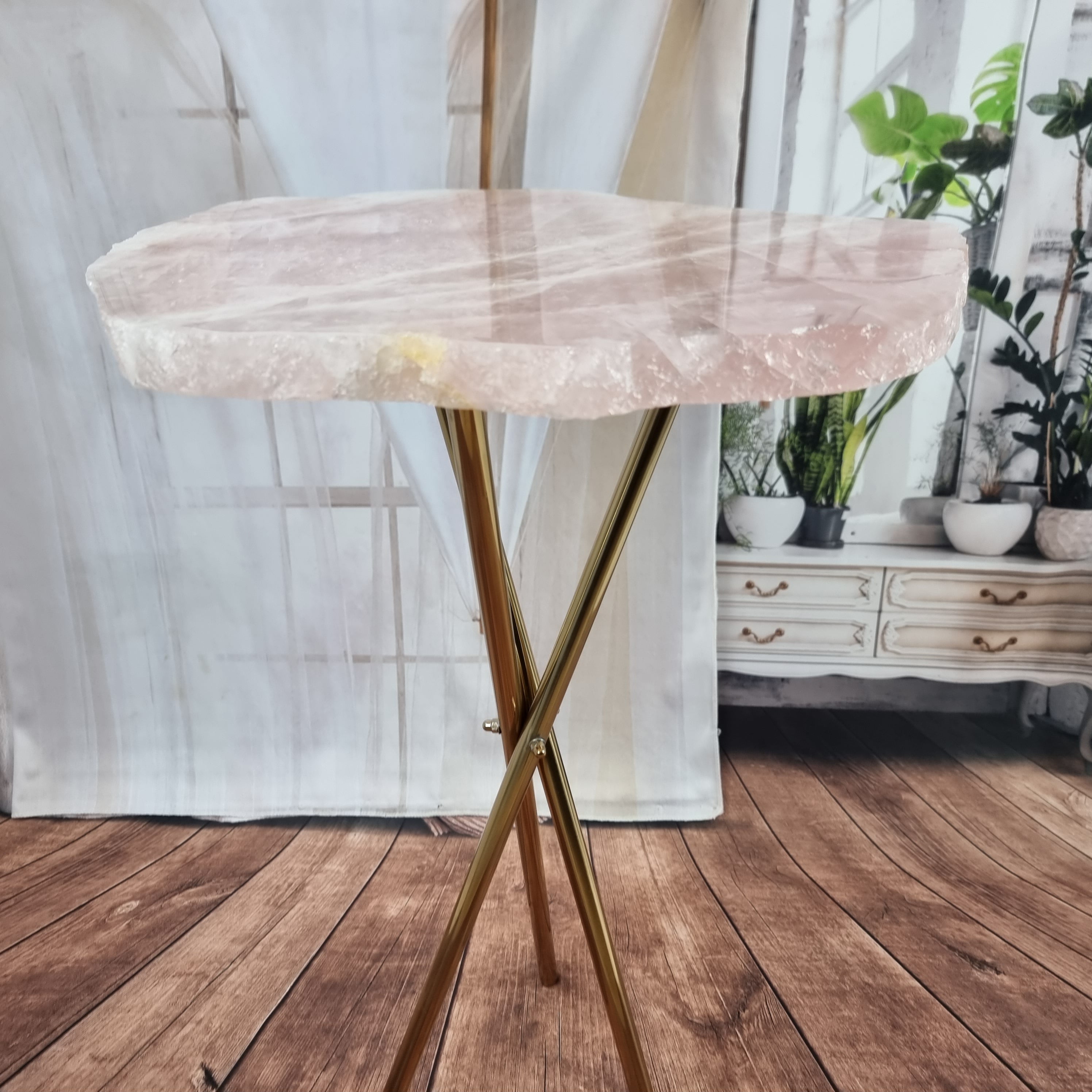 Rose Quartz Side Table (Untreated) | Black Tripod Base | 60 cm Height - BR Crystals Handmade Piece