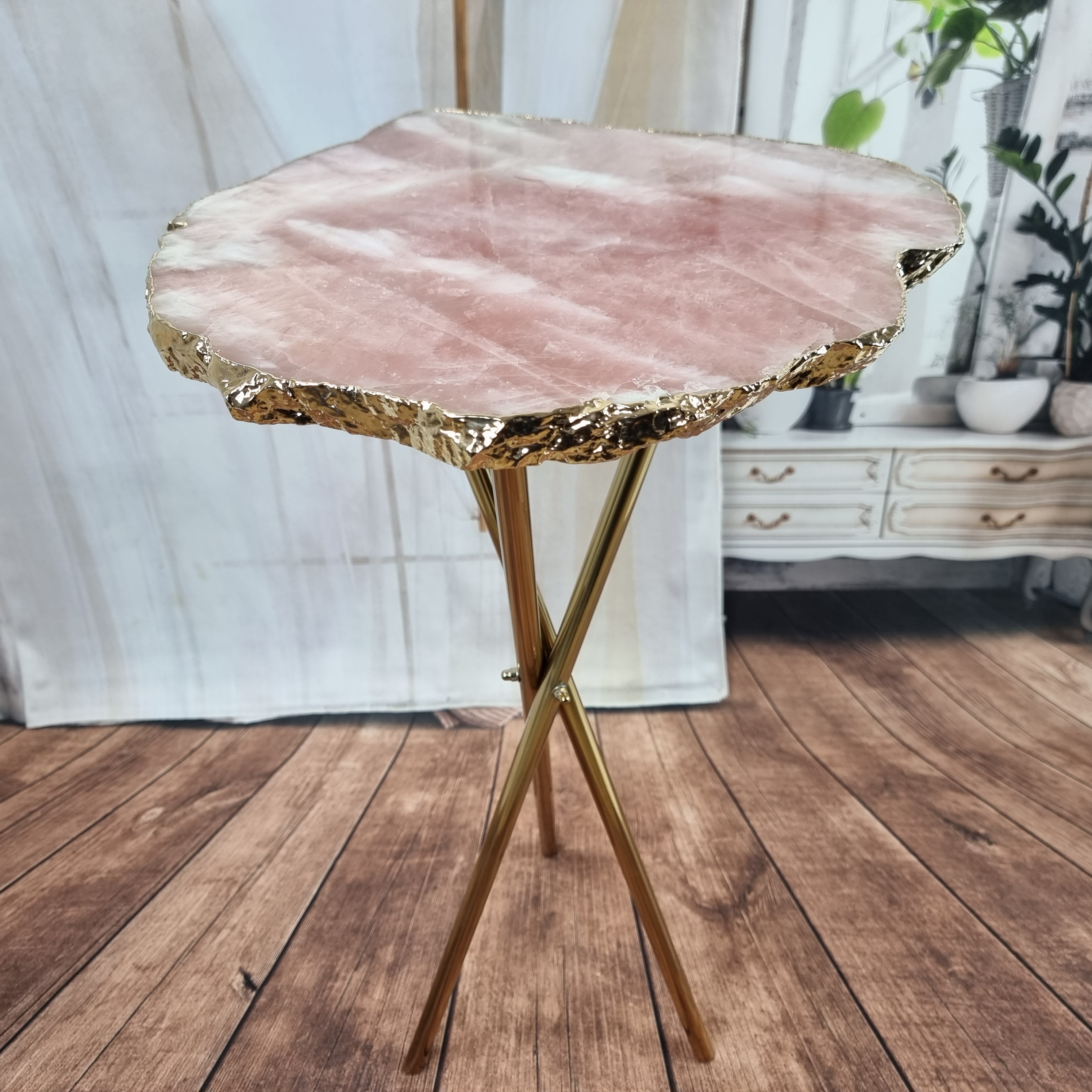 PINK QUARTZ Side Table | Gold Brass Tripod Base | 60 cm Height - BR Crystals Handmade Piece
