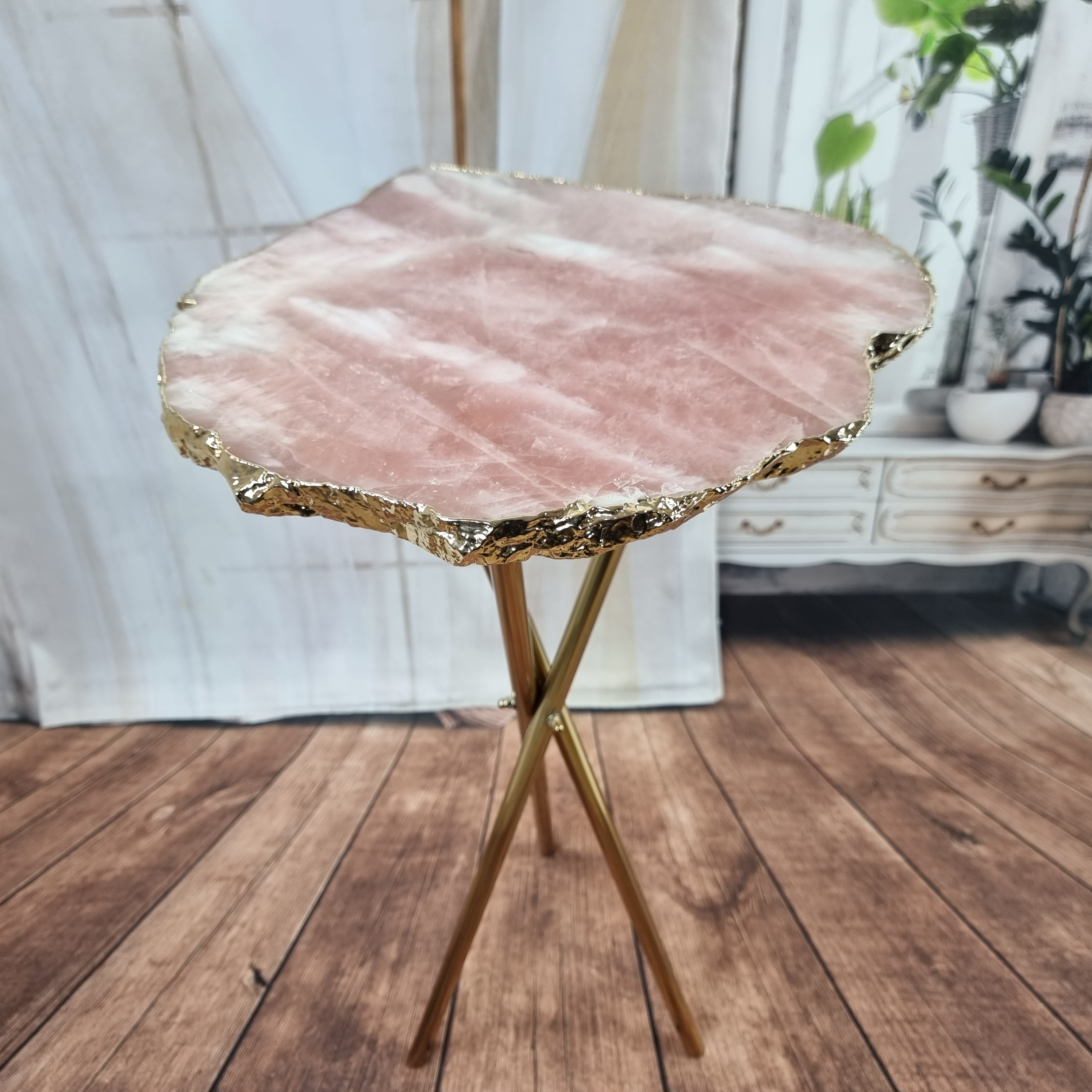 PINK QUARTZ Side Table | Gold Brass Tripod Base | 60 cm Height - BR Crystals Handmade Piece