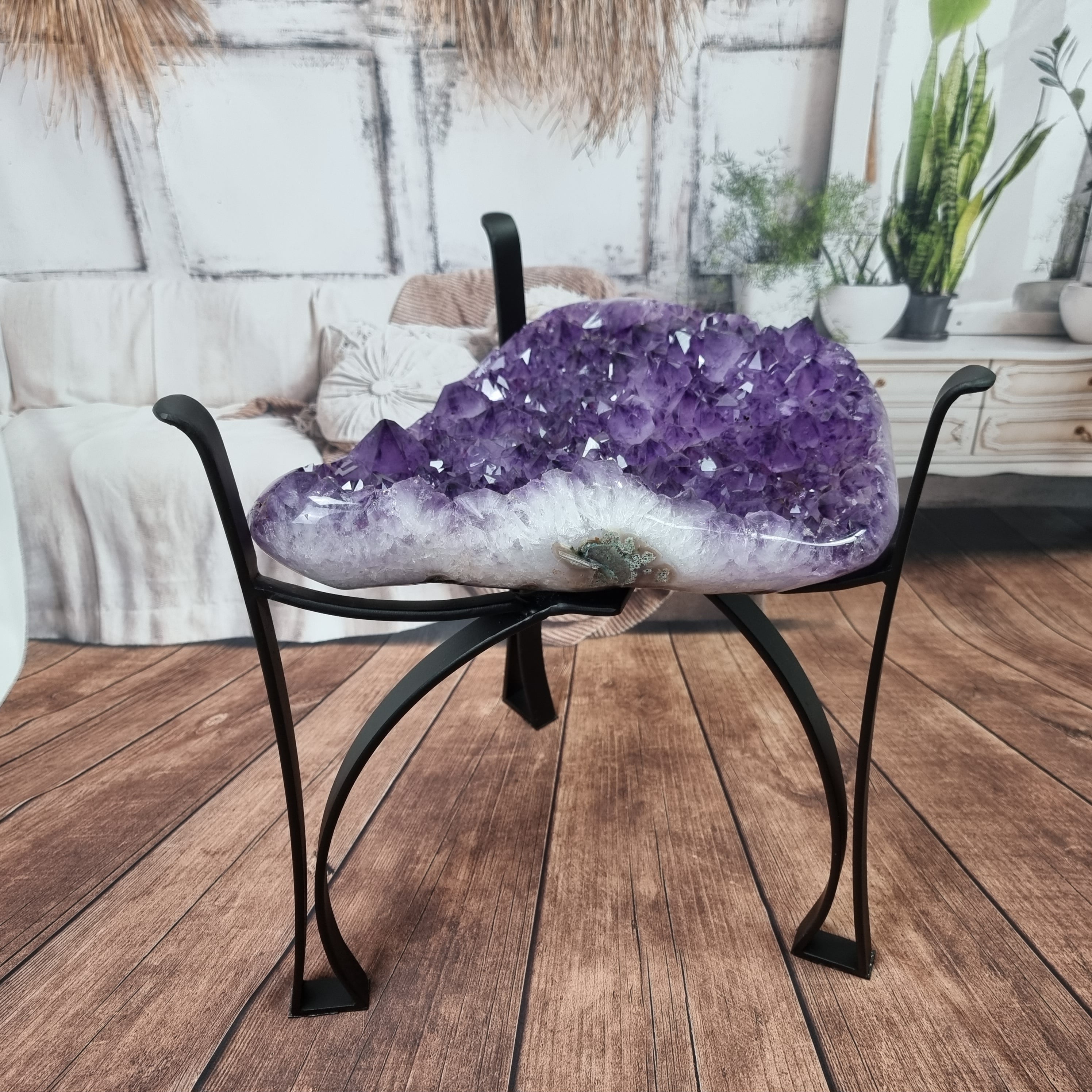 Rough Amethyst Druze Table - Amethyst Coffee Table with Iron Base | 45 cm Height | Excellent Quality with Refinement