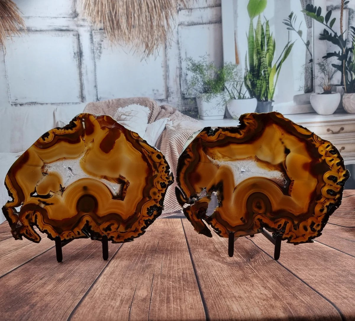 Natural Agate Slabs on Metal Stand - Special Large Natural Brazilian - Set of 2 - 9.85" and 5.29 lbs