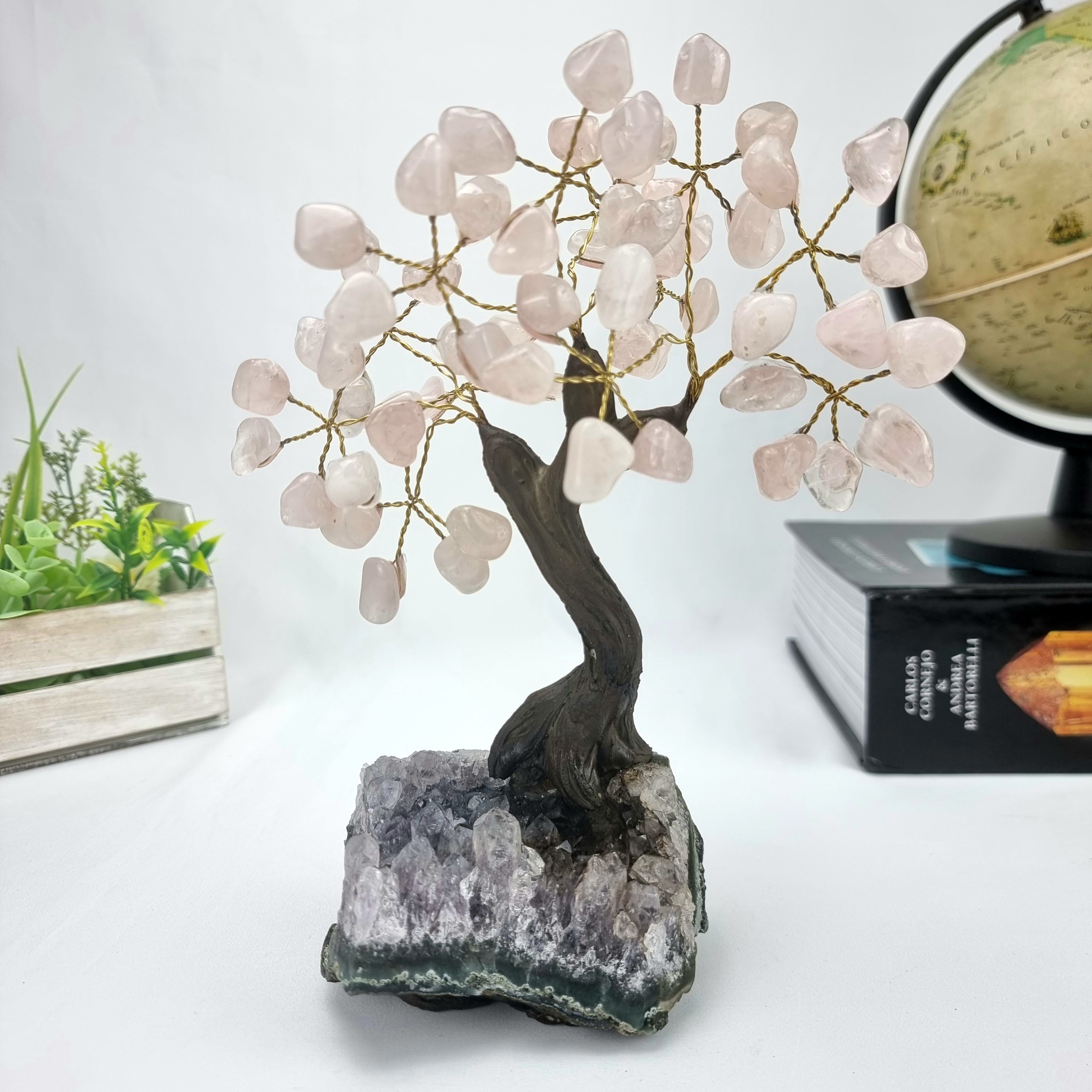 Árbol de CUARZO ROSA Natural | 60 Piedras, 12 ramas | Base de Amatista con 15 cm de altura - Pieza Artesanal BR Crystals