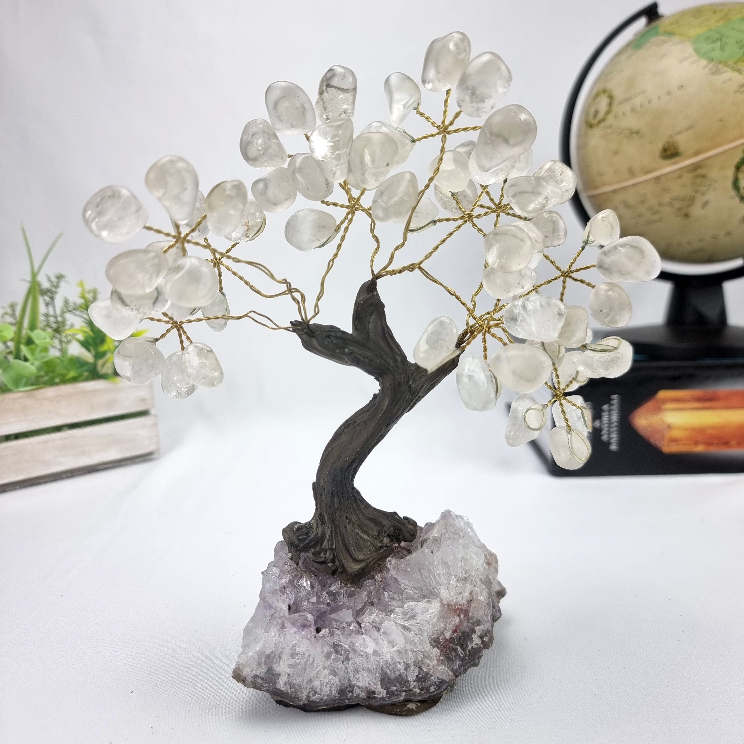Crystal Quartz Gemstone Tree 7" Tall Handmade on a Amethyst base, 60 Gems and 12 Branches