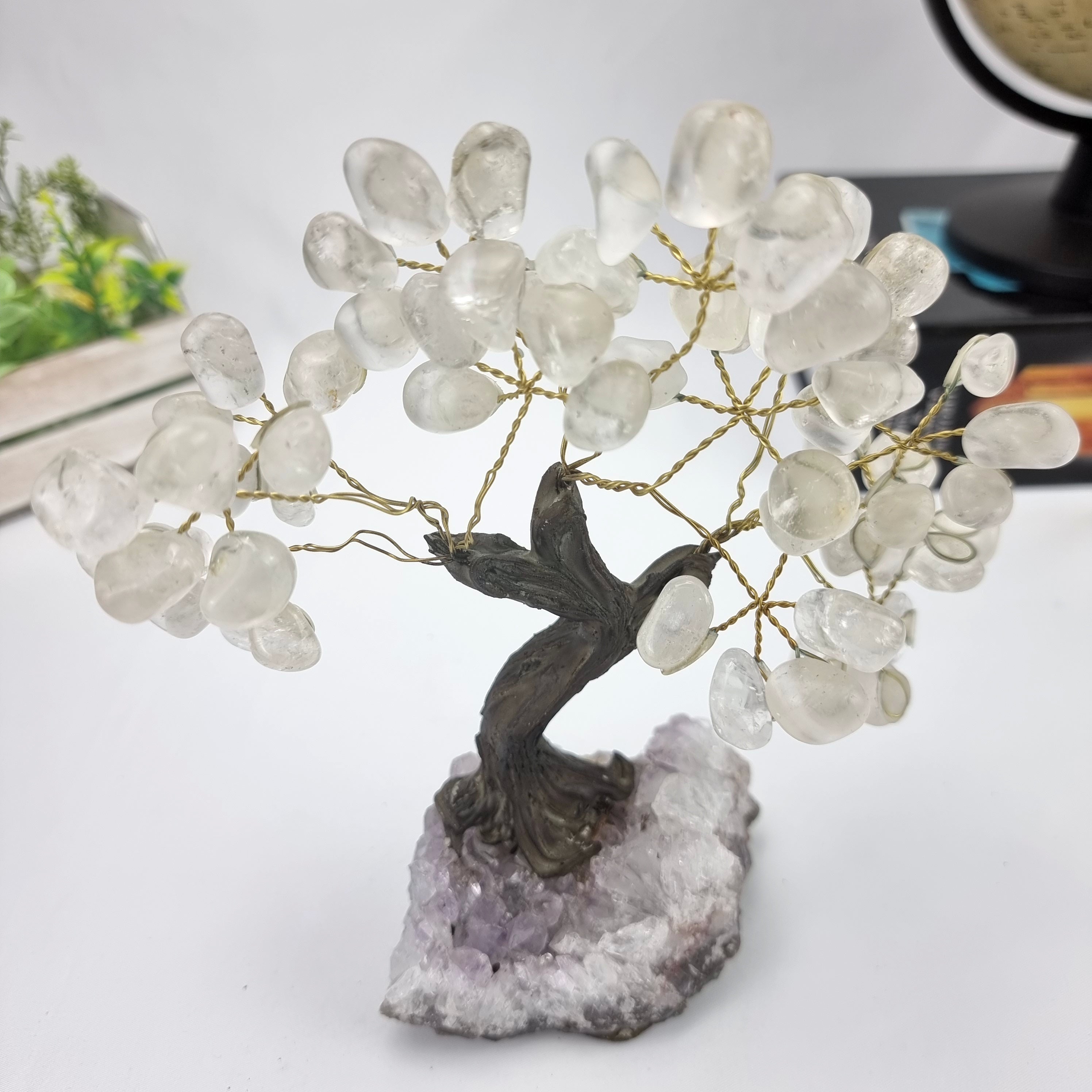 Crystal Quartz Gemstone Tree 7" Tall Handmade on a Amethyst base, 60 Gems and 12 Branches
