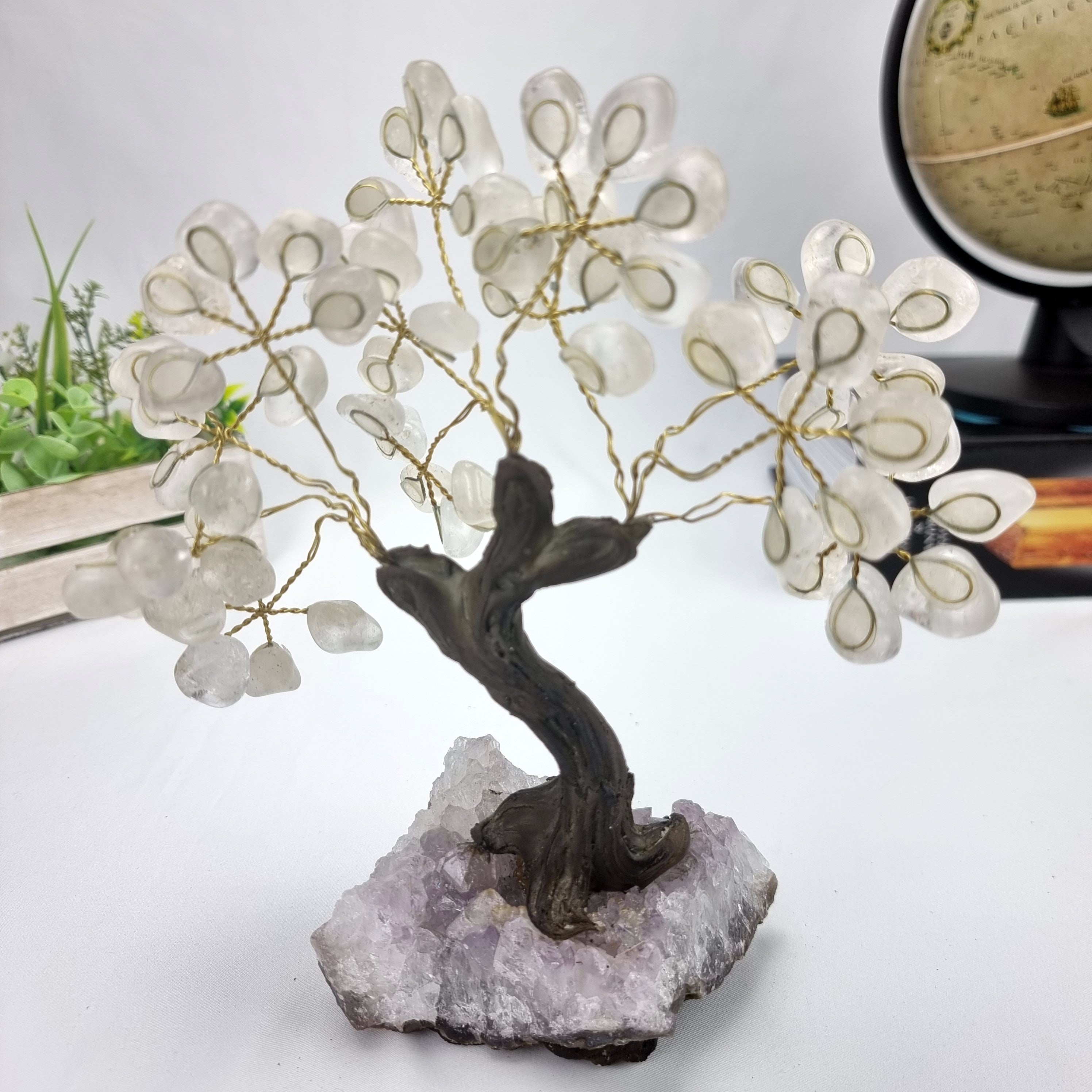 Crystal Quartz Gemstone Tree 7" Tall Handmade on a Amethyst base, 60 Gems and 12 Branches