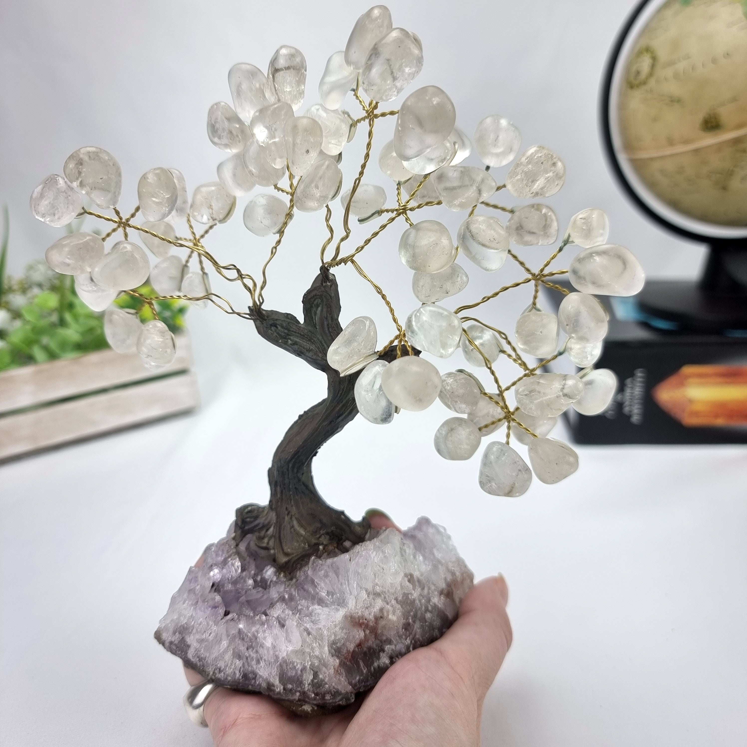 Crystal Quartz Gemstone Tree 7" Tall Handmade on a Amethyst base, 60 Gems and 12 Branches