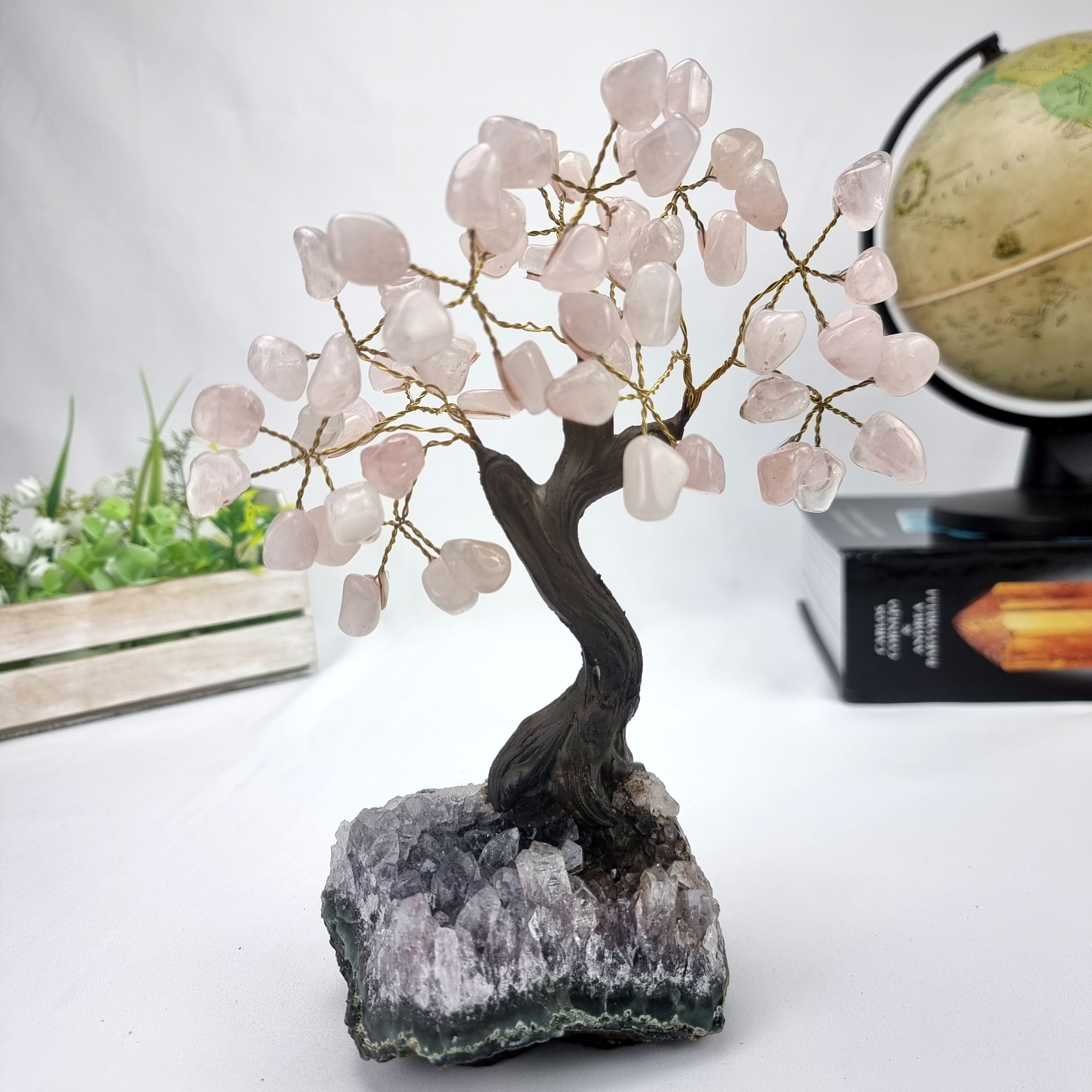 Árbol de CUARZO ROSA Natural | 60 Piedras, 12 ramas | Base de Amatista con 15 cm de altura - Pieza Artesanal BR Crystals