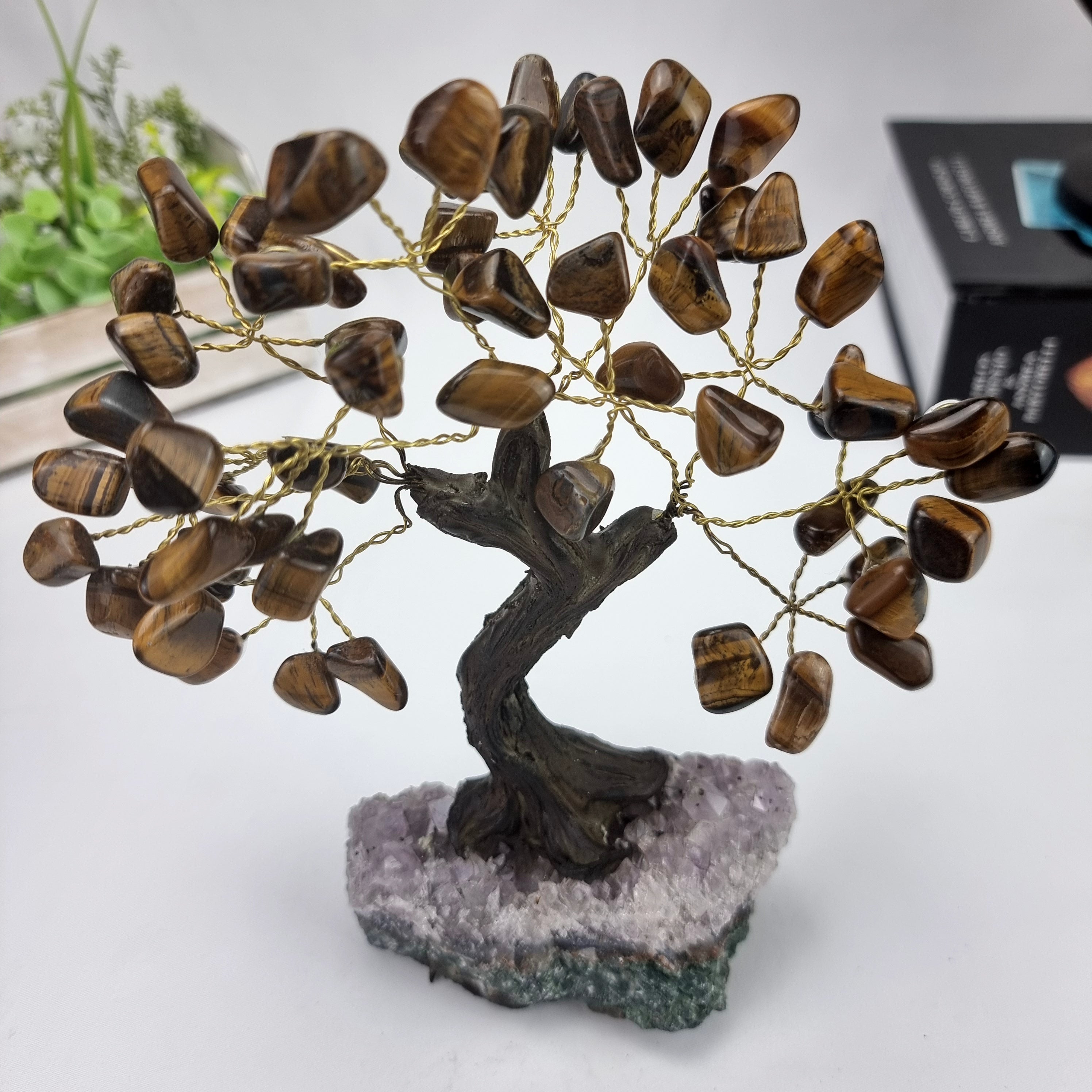 Tiger's Eye Gemstone Tree 7" Tall Handmade on a Amethyst base, 60 Gems and 12 Branches