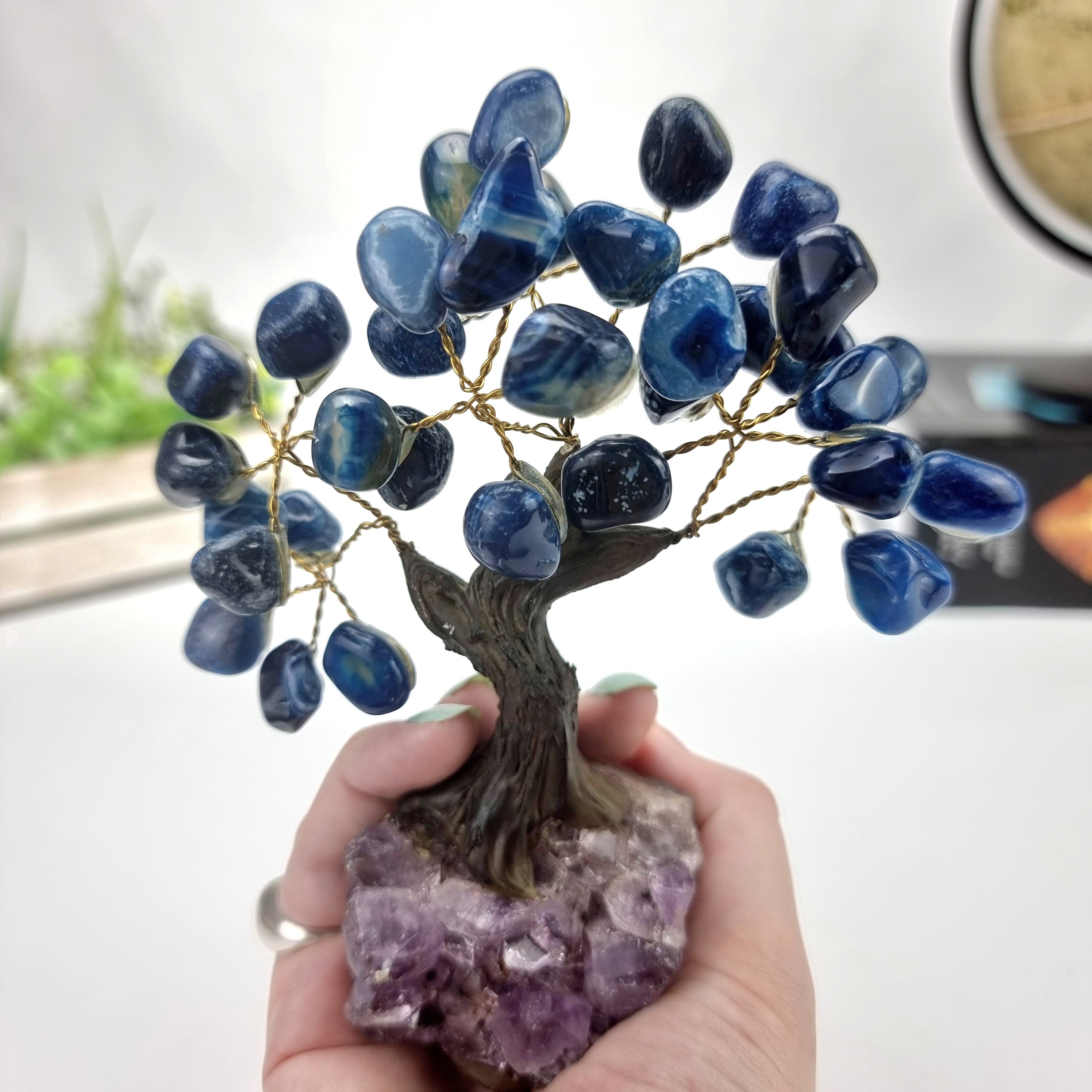 Sodalite Gemstone Tree 5" Tall Handmade on a Amethyst base, 35 Gems and 7 Branches