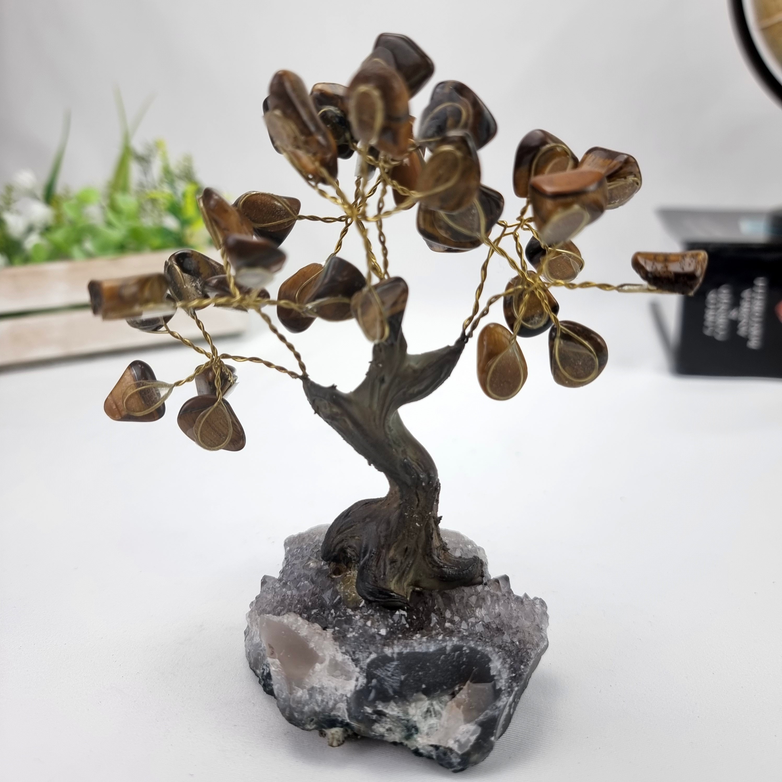Tiger's Eye Gemstone Tree 5" Tall Handmade on a Amethyst base, 35 Gems and 7 Branches