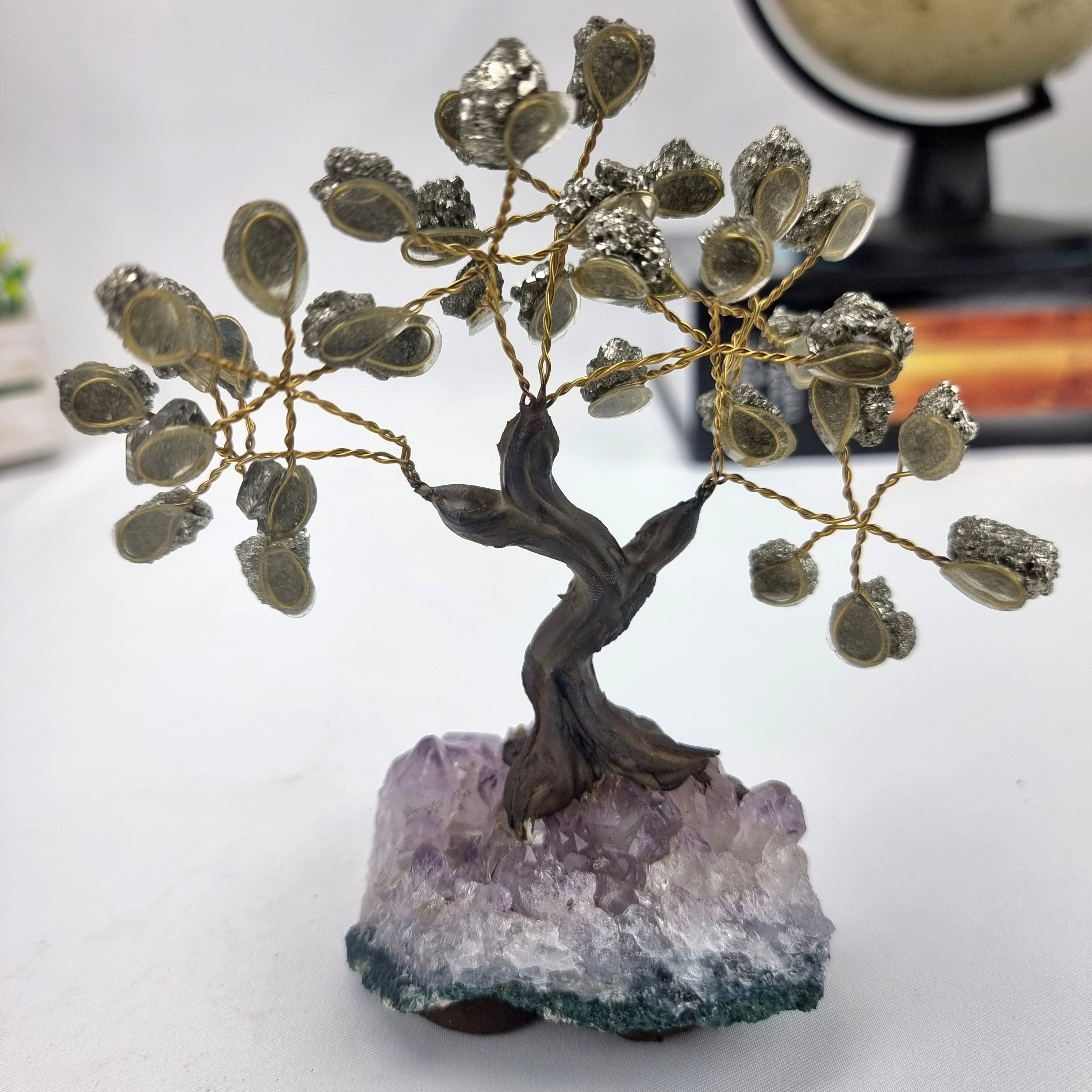 Pyrite Gemstone Tree 5" Tall Handmade on a Amethyst base, 35 Gems and 7 Branches