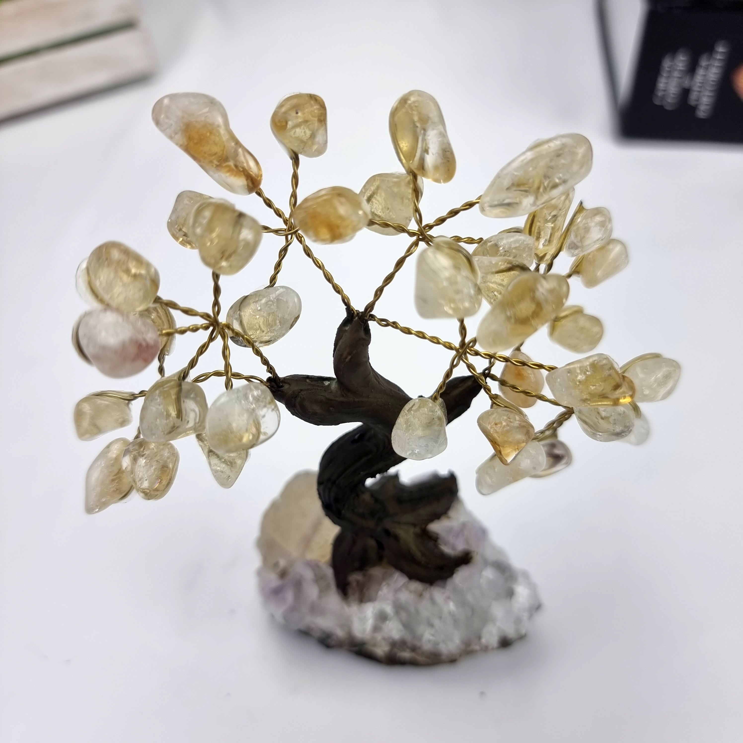 Citrine Gemstone Tree 5" Tall Handmade on a Amethyst base, 35 Gems and 7 Branches