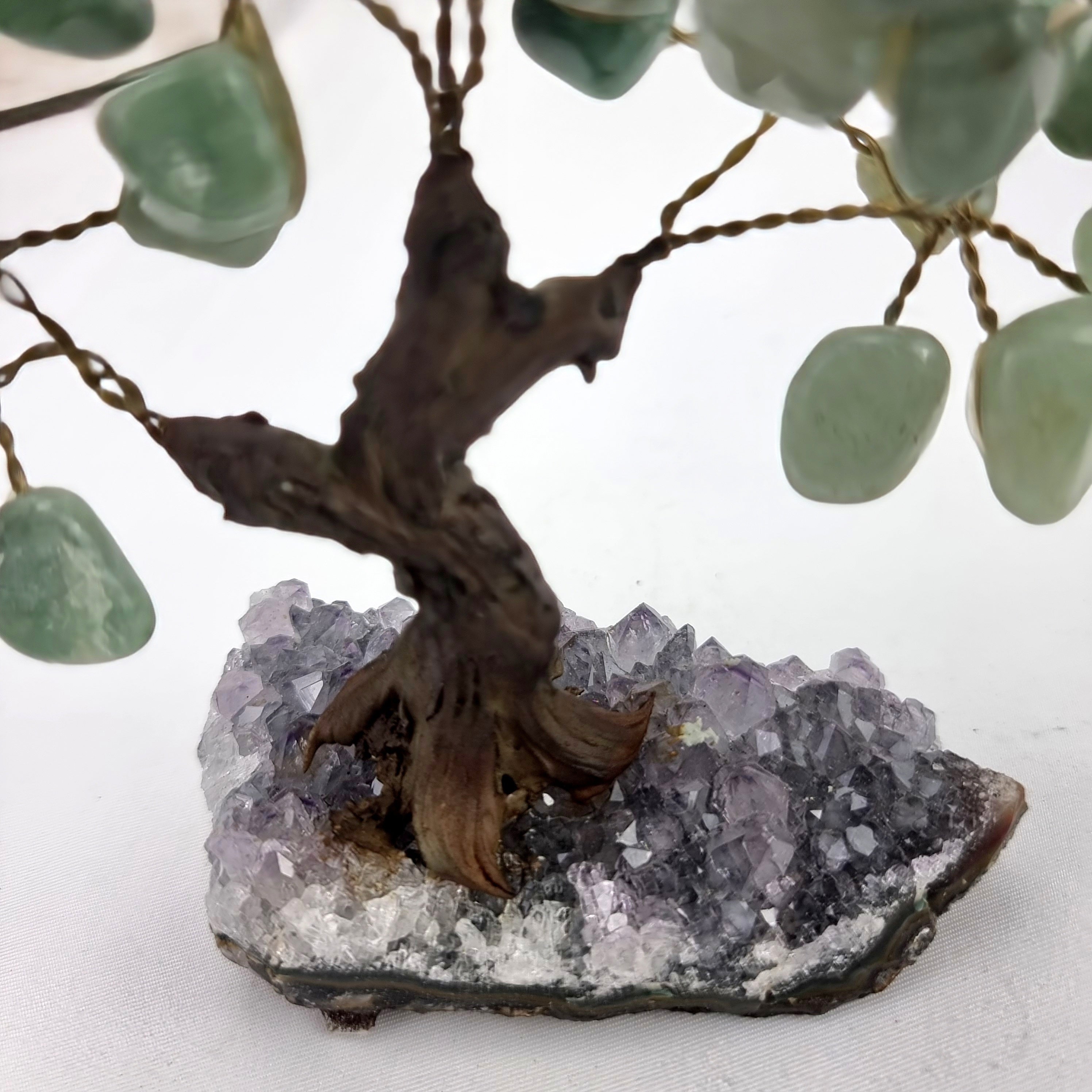 Green Quartz Gemstone Tree 5" Tall Handmade on a Amethyst base, 35 Gems and 7 Branches