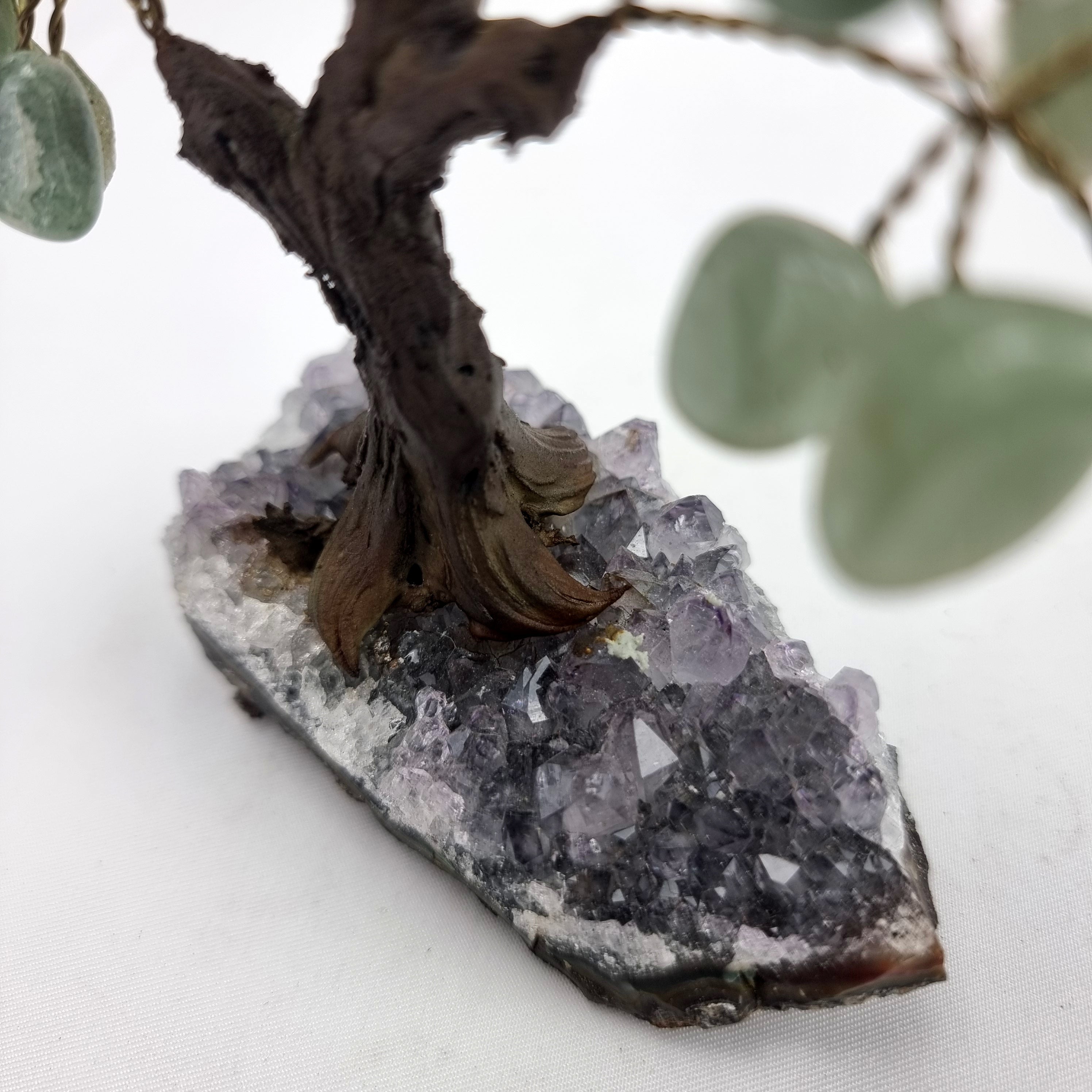 Green Quartz Gemstone Tree 5" Tall Handmade on a Amethyst base, 35 Gems and 7 Branches