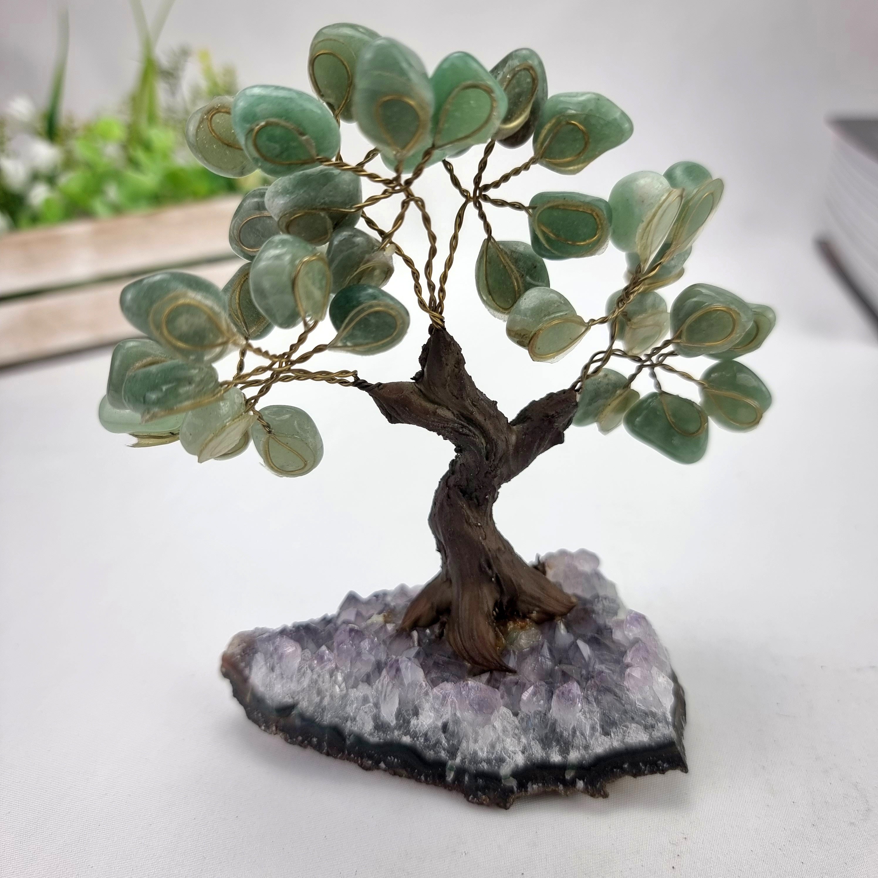 Green Quartz Gemstone Tree 5" Tall Handmade on a Amethyst base, 35 Gems and 7 Branches