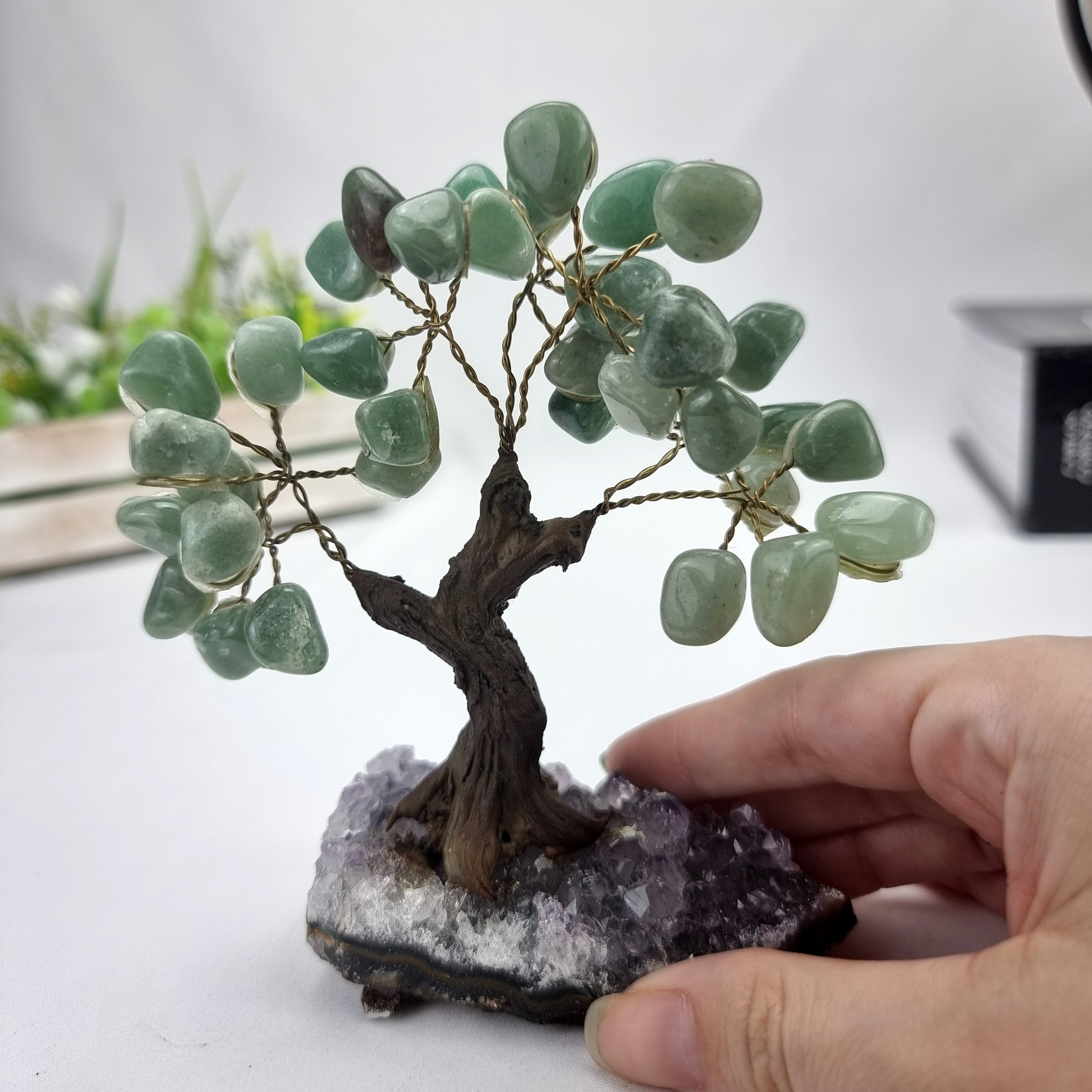 Green Quartz Gemstone Tree 5" Tall Handmade on a Amethyst base, 35 Gems and 7 Branches