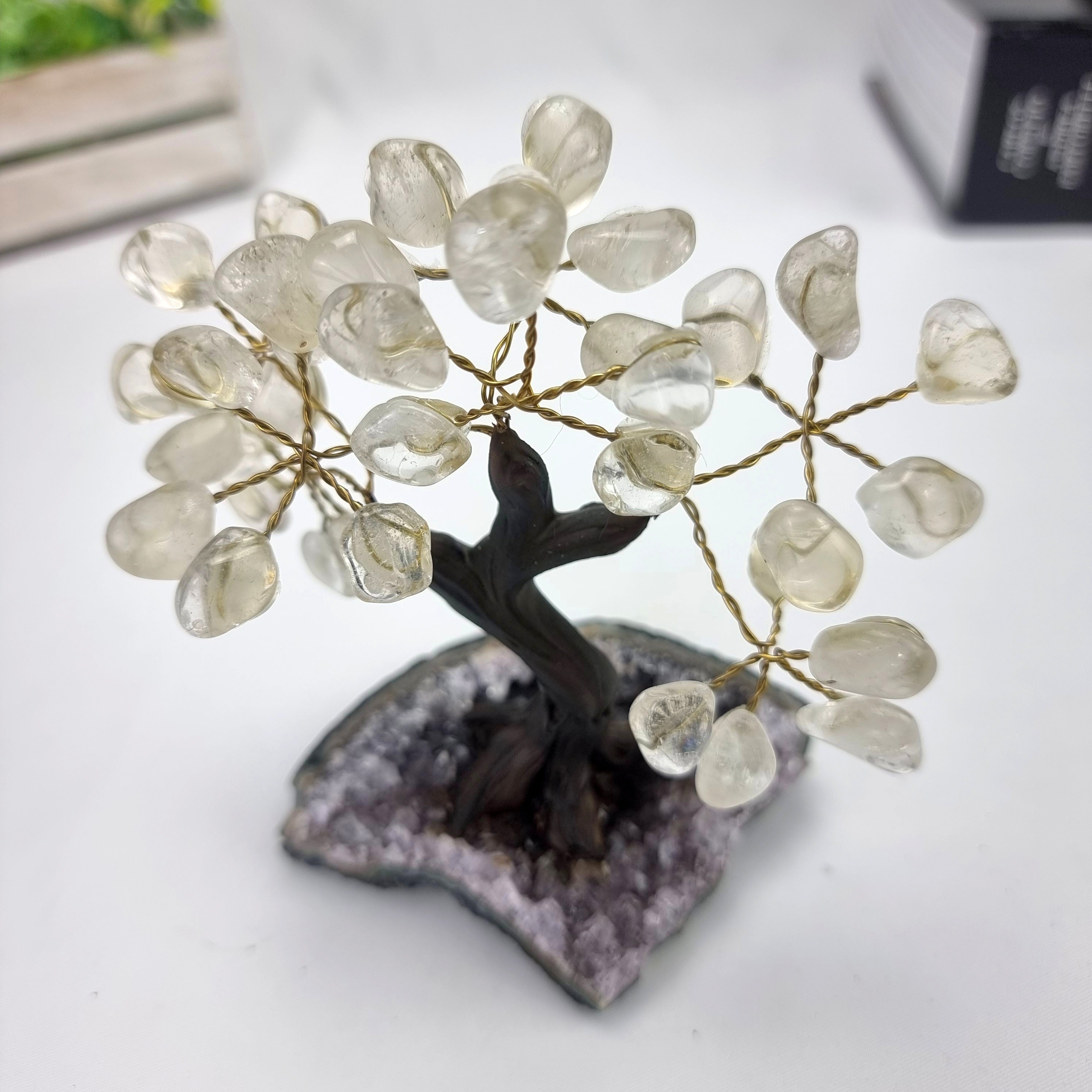Crystal Quartz Gemstone Tree 5" Tall Handmade on a Amethyst base, 35 Gems and 7 Branches