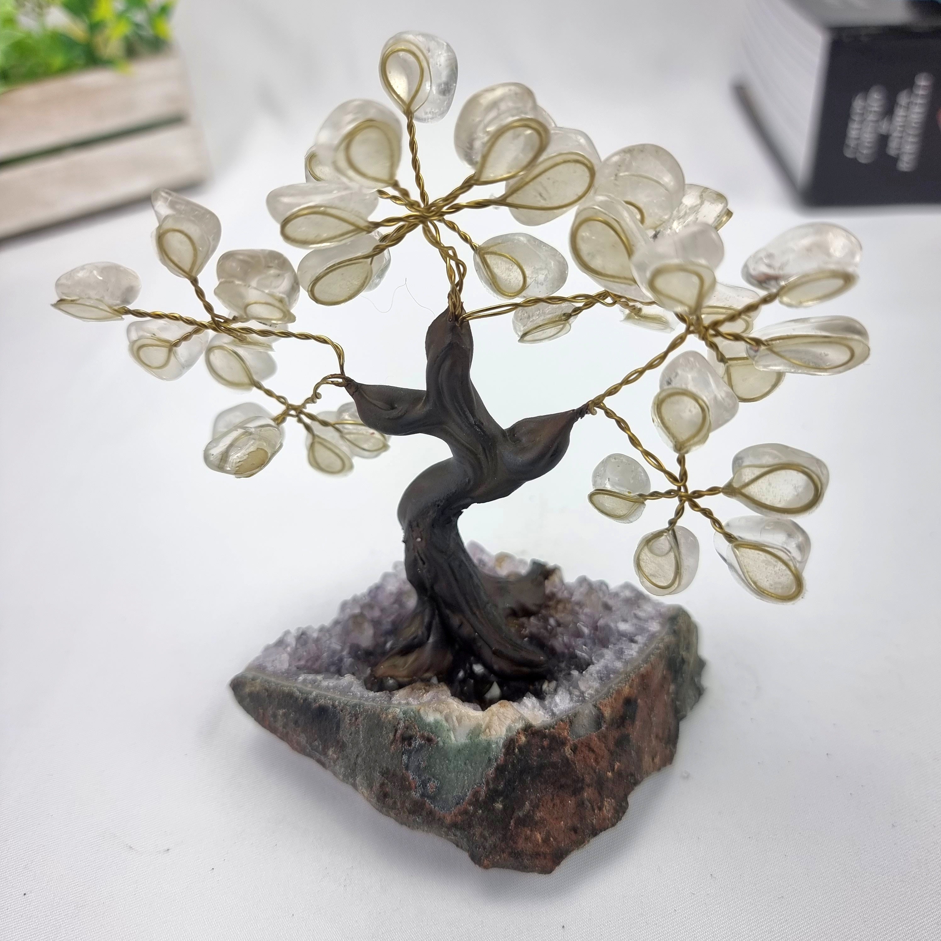 Crystal Quartz Gemstone Tree 5" Tall Handmade on a Amethyst base, 35 Gems and 7 Branches