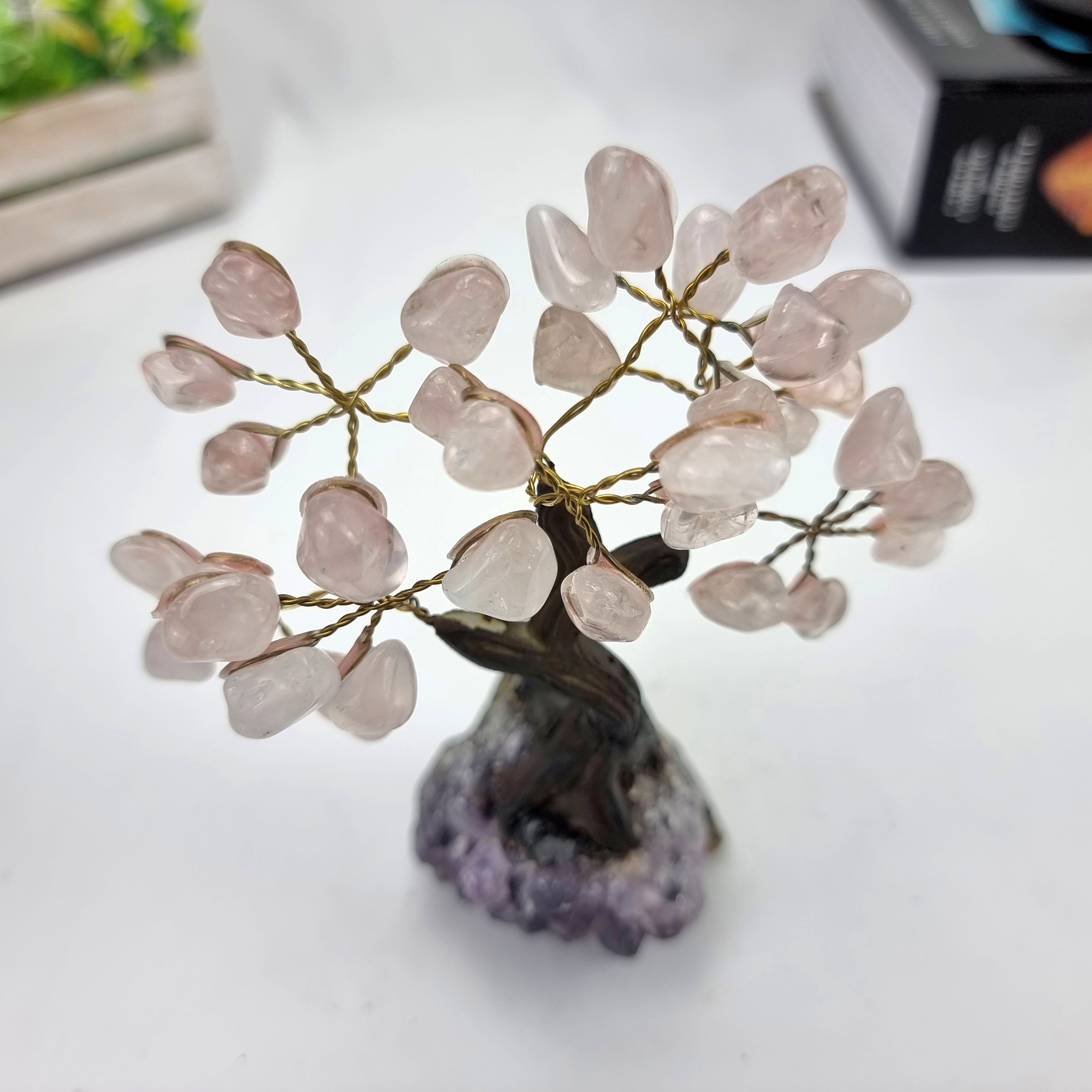 Rose Quartz Gemstone Tree 5" Tall Handmade on a Amethyst base, 35 Gems and 7 Branches