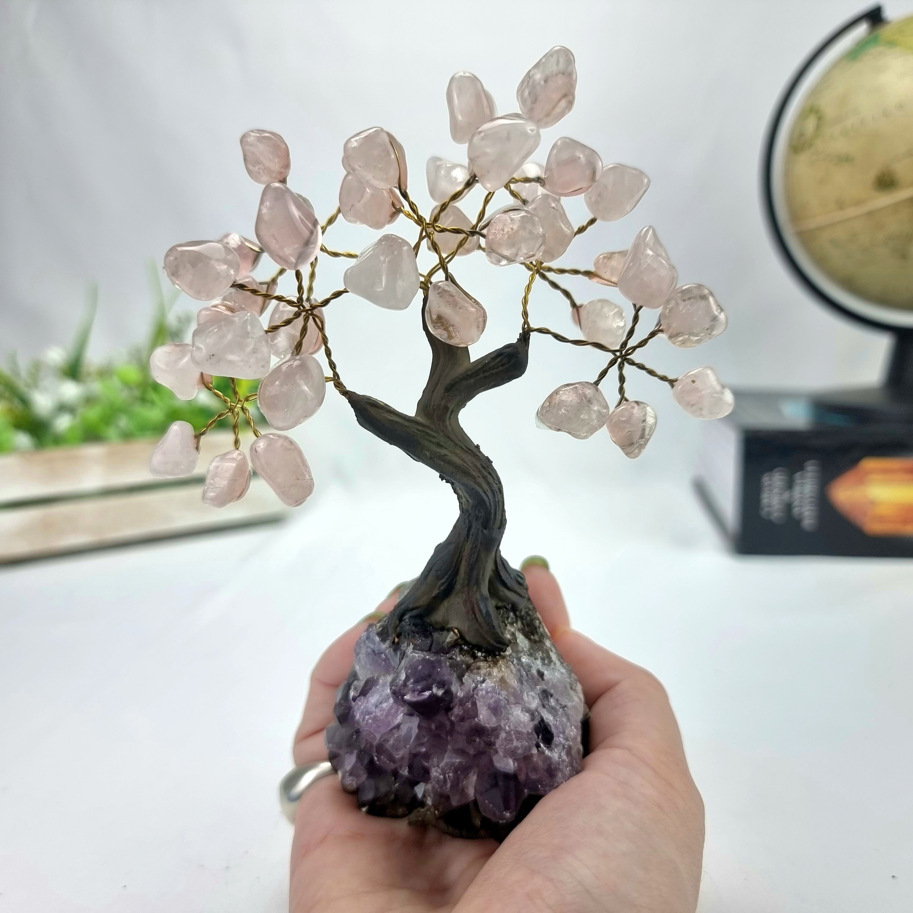 Rose Quartz Gemstone Tree 5" Tall Handmade on a Amethyst base, 35 Gems and 7 Branches