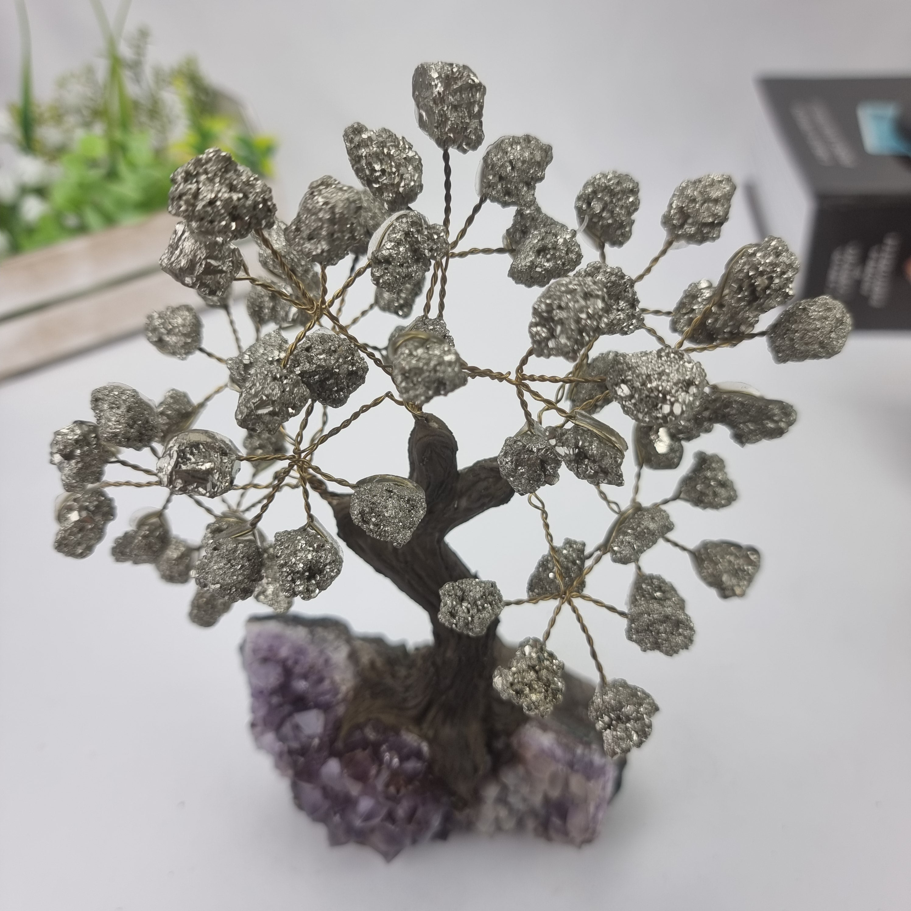 Pyrite Gemstone Tree 7" Tall Handmade on a Amethyst base, 60 Gems and 12 Branches