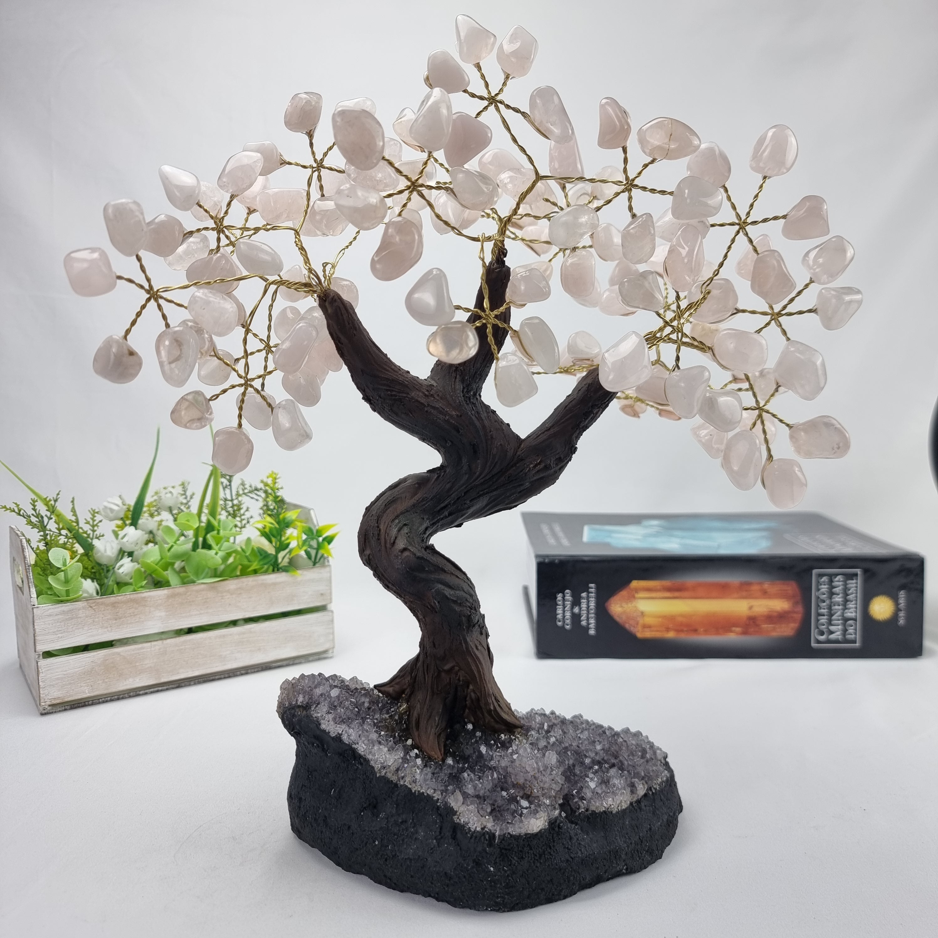 Rose Quartz Gemstone Tree 9" Tall Handmade on a Amethyst base, 120 Gems and 24 Branches