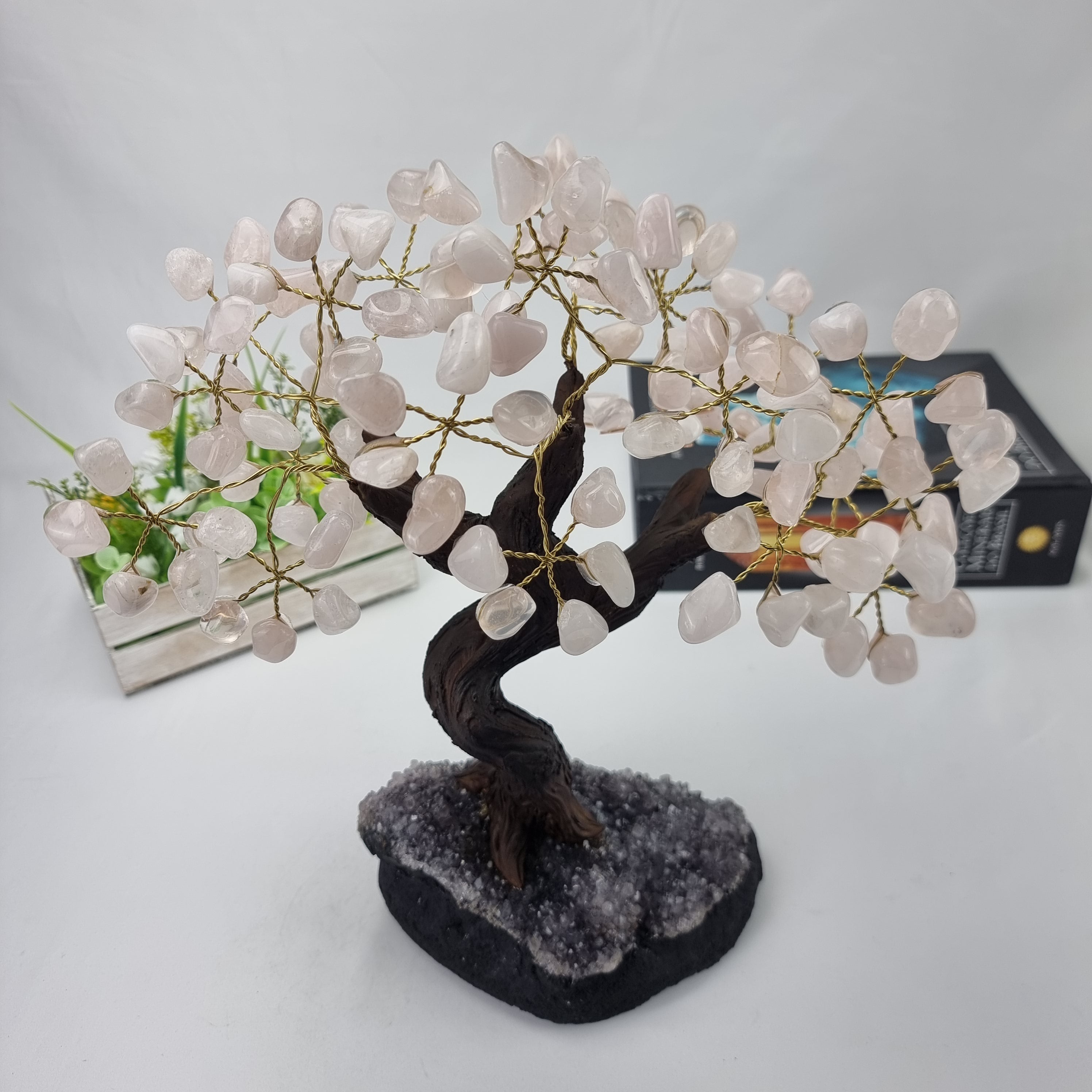 Rose Quartz Gemstone Tree 9" Tall Handmade on a Amethyst base, 120 Gems and 24 Branches