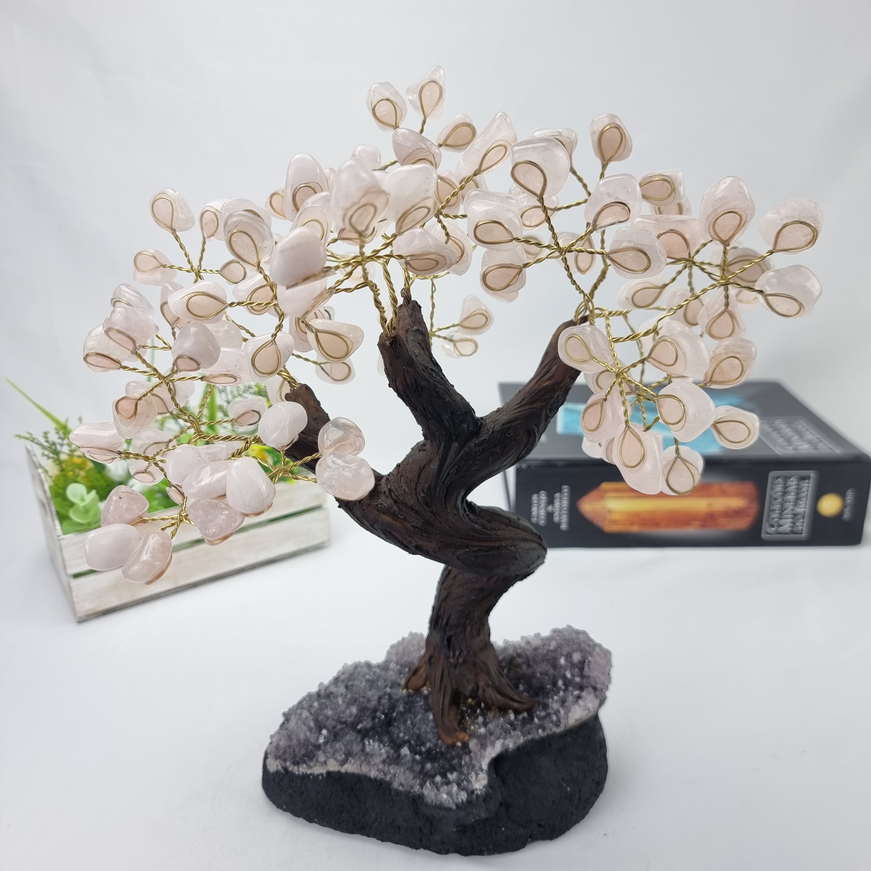 Rose Quartz Gemstone Tree 9" Tall Handmade on a Amethyst base, 120 Gems and 24 Branches