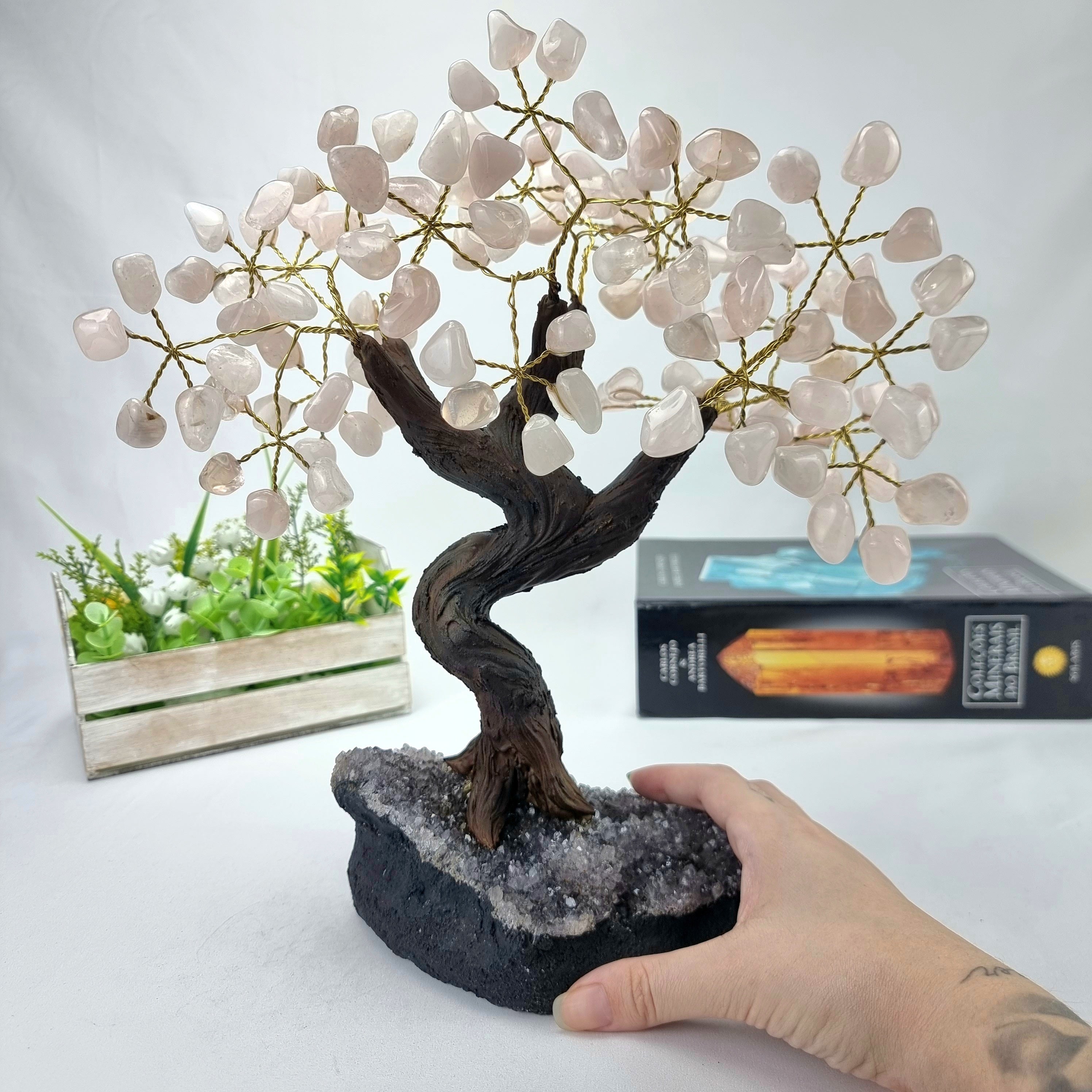Rose Quartz Gemstone Tree 9" Tall Handmade on a Amethyst base, 120 Gems and 24 Branches