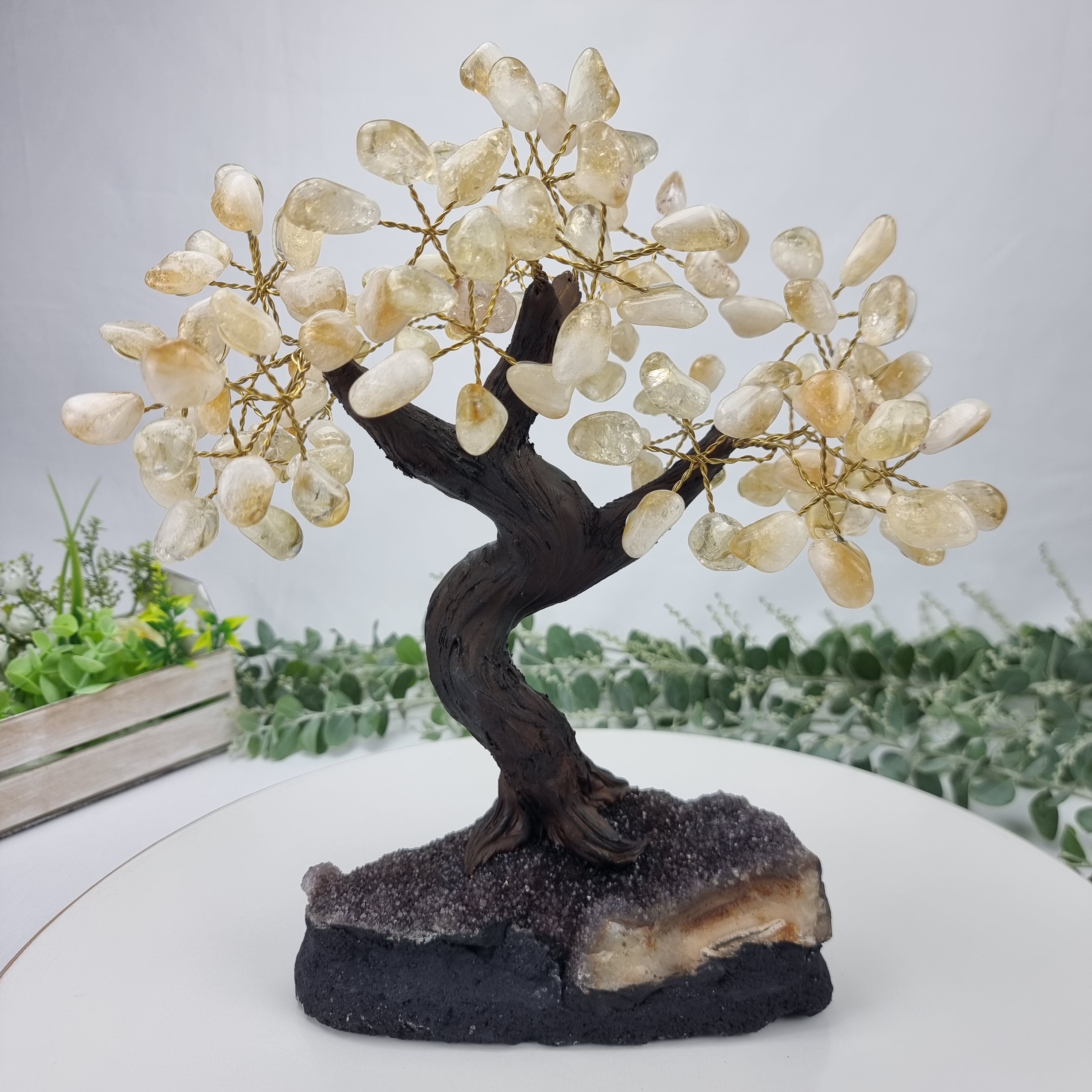 Citrine Gemstone Tree 9" Tall Handmade on a Amethyst base, 120 Gems and 24 Branches