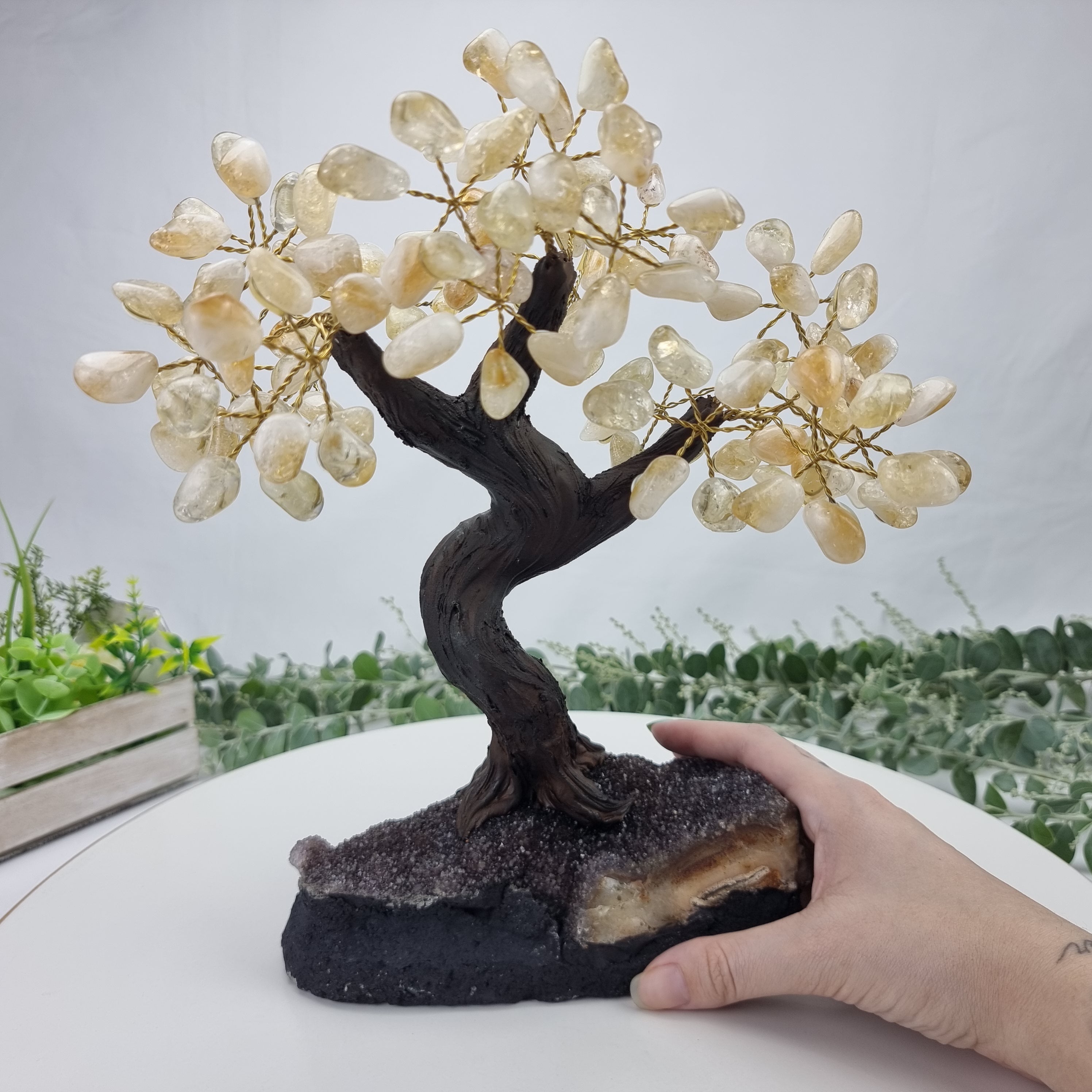 Citrine Gemstone Tree 9" Tall Handmade on a Amethyst base, 120 Gems and 24 Branches