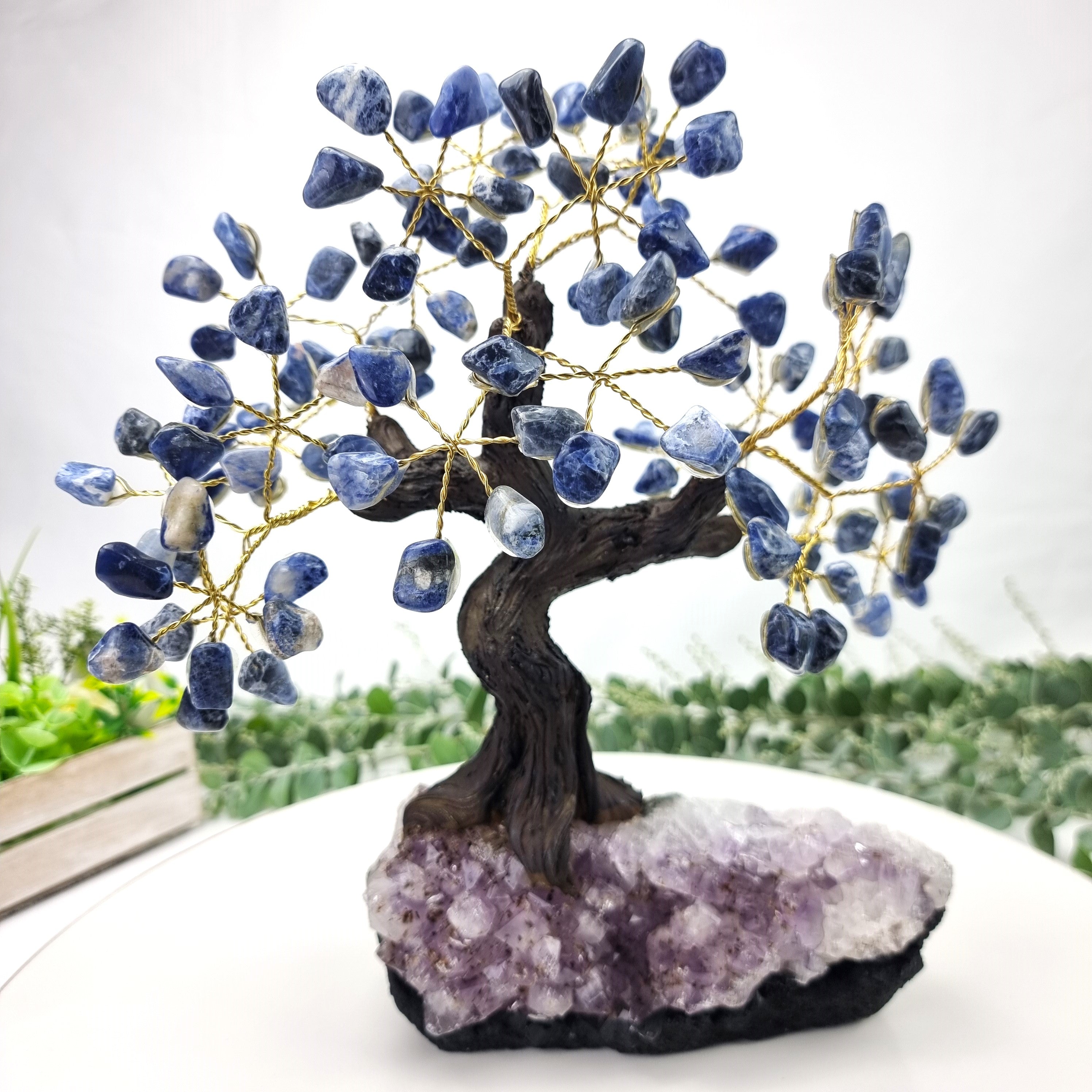 Sodalite Gemstone Tree 9" Tall Handmade on a Amethyst base, 120 Gems and 24 Branches